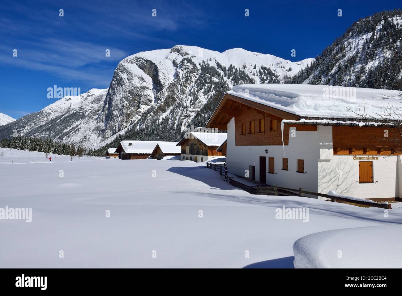 Autriche, Tyrol, voir de maison près de Fra Alm avec Baerenwandkopf montagne Banque D'Images