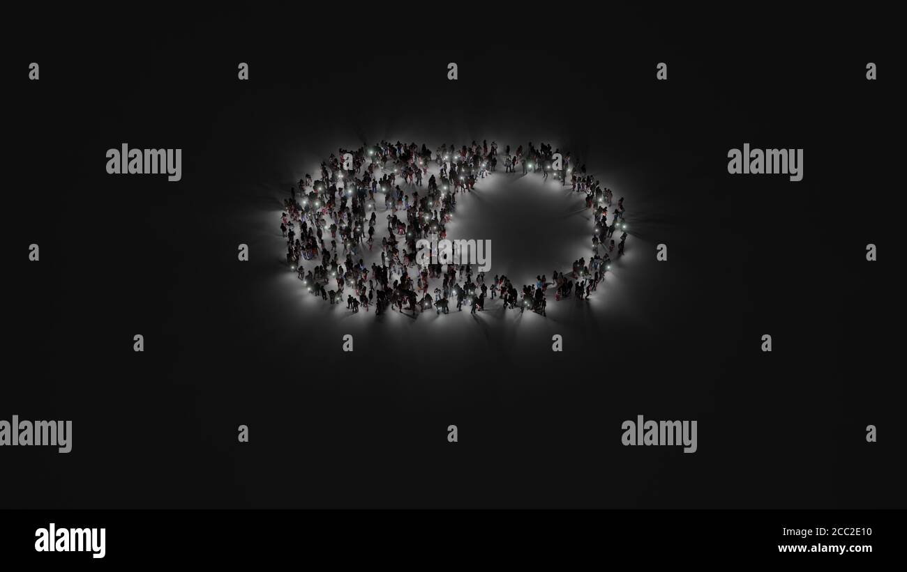 rendu 3d de la foule de personnes différentes avec la lampe de poche forme du symbole du bouton de l'interrupteur sur fond sombre avec ombres Banque D'Images
