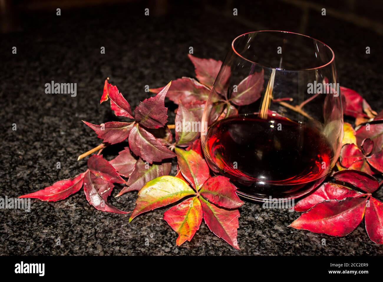 Un verre sans pied rempli d'un vin rouge foncé, entouré de feuilles d'automne dans différentes nuances de rouge sur un comptoir noir Banque D'Images