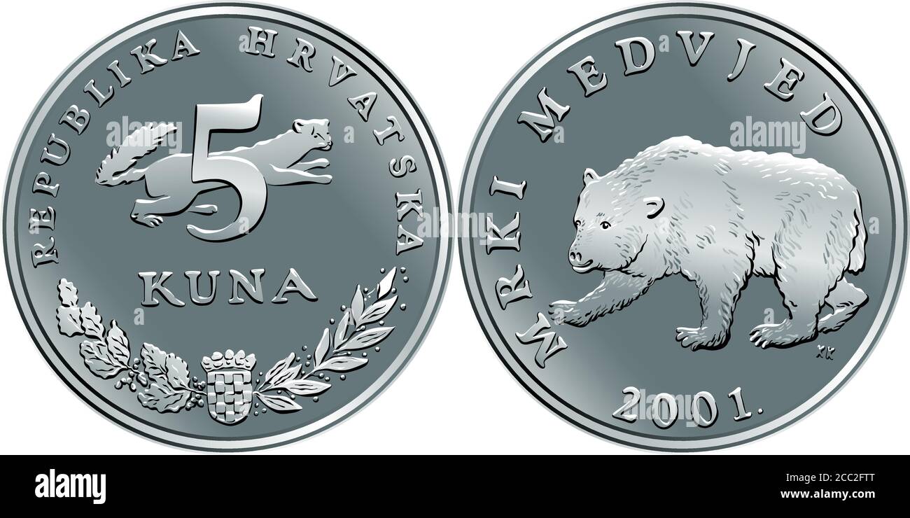 Croate 5 kuna coin, Brown ours sur le dos, marten, blason, titre d'état et indication de valeur sur l'avverse, monnaie officielle en Croatie Illustration de Vecteur