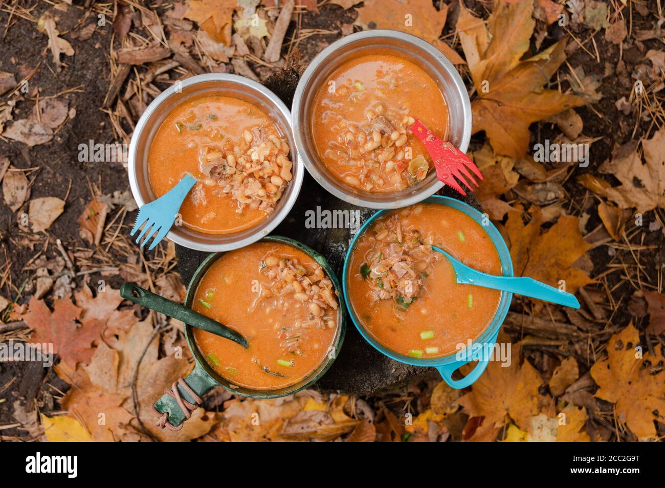 Plusieurs assiettes de nourriture. Il y a beaucoup de plats. Plats cuisinés dans la forêt. Banque D'Images