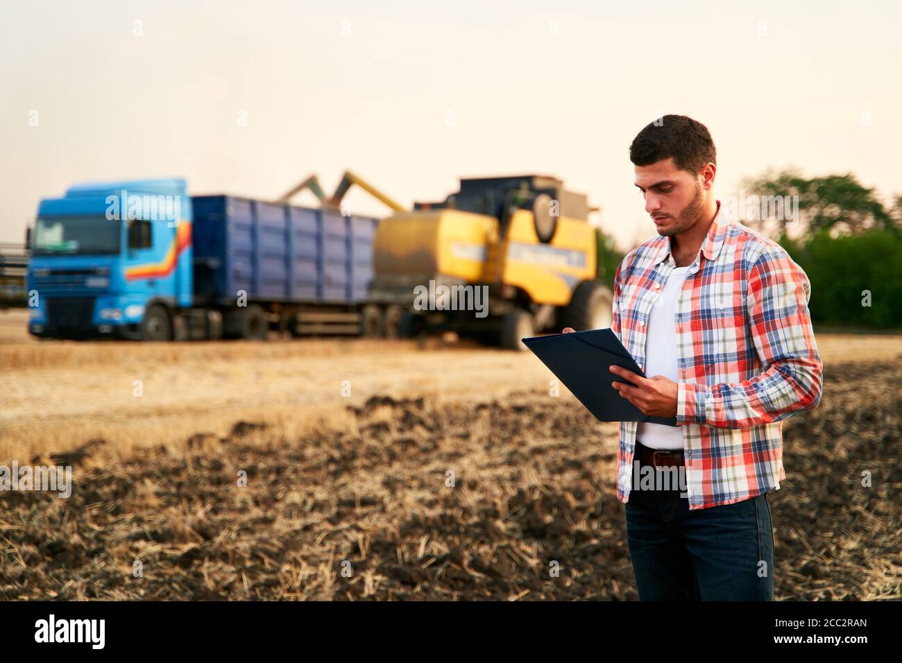 L'agriculteur commande le chargement du blé de la récolteuse au camion à grains. Le conducteur tient le presse-papiers, garde les notes, compte de la cargaison. Le transitaire remplit l'envoi Banque D'Images