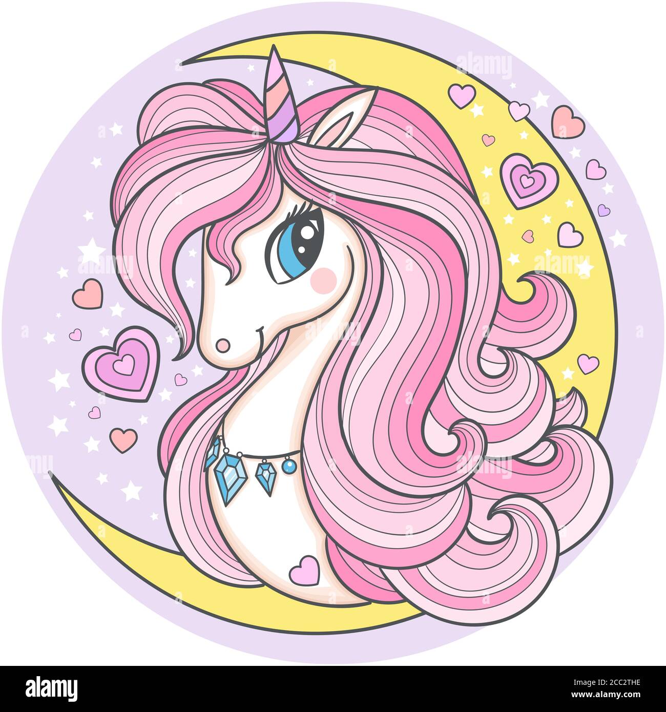 La tête d'une licorne avec une longue manie sur le fond de la lune. Motif animal fantaisie pour enfant. Convient aux tirages, affiches, cartes postales, etc Illustration de Vecteur