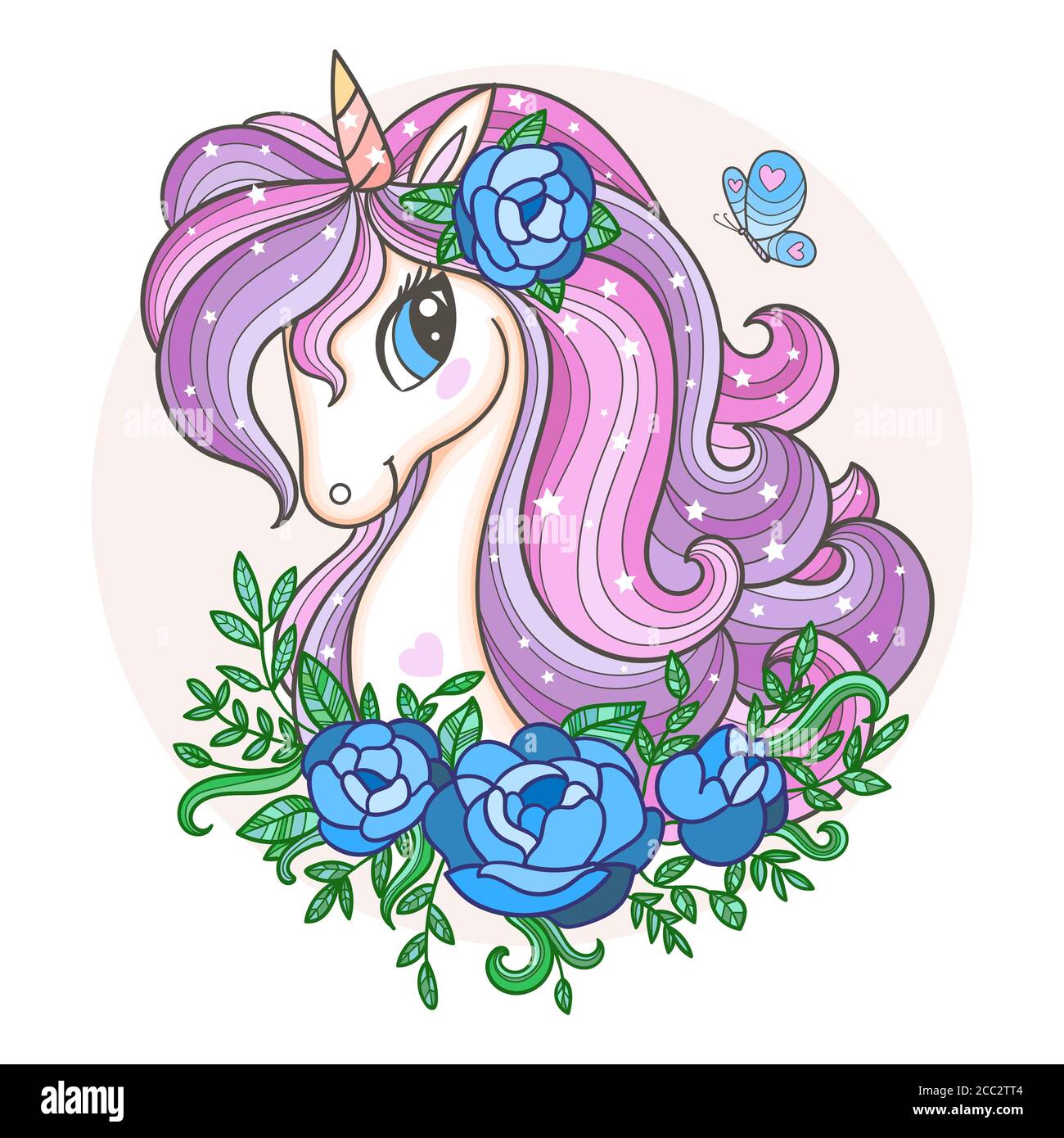 Tête de licorne avec de longues lamanes et roses. Animal fantastique. Illustration pour enfants. Pour la conception d'imprimés, d'affiches, de cartes postales, d'autocollants, de badges, etc Illustration de Vecteur