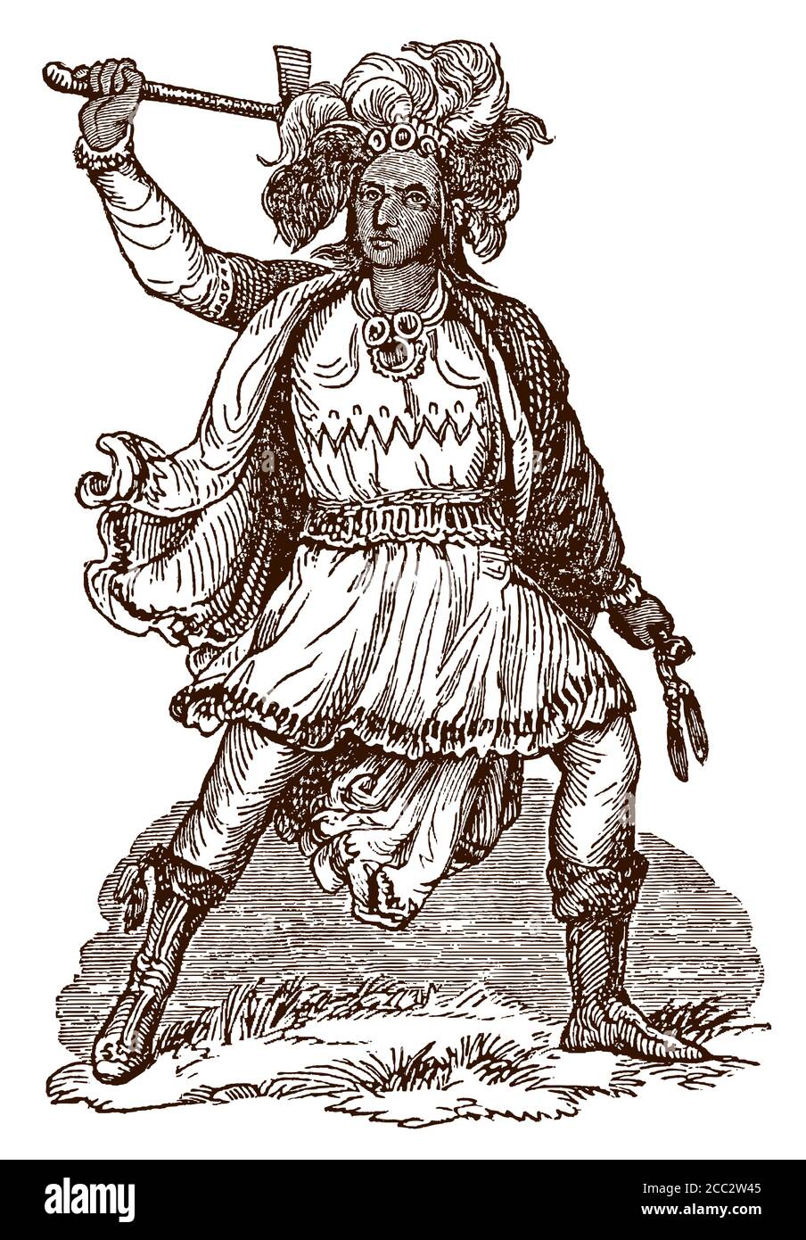 Tecumseh, le célèbre chef Shawnee en pleine vue du corps, balançant un tomahawk. Illustration après une gravure ancienne Illustration de Vecteur