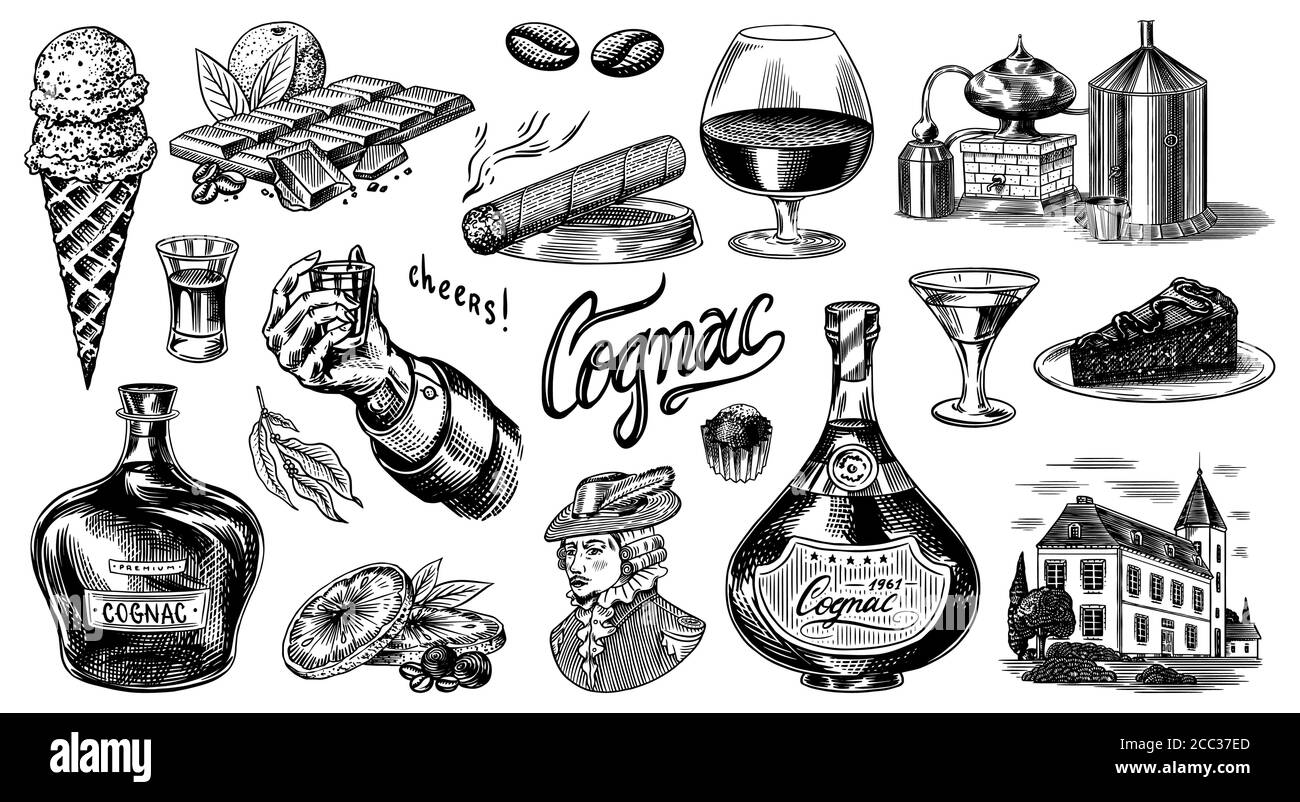 Cognac et main avec verre, bouteilles avec étiquettes, cigare et cocktail, bonbons et ferme, chocolat et homme. Dessin vintage gravé à la main. Coupe de bois Illustration de Vecteur
