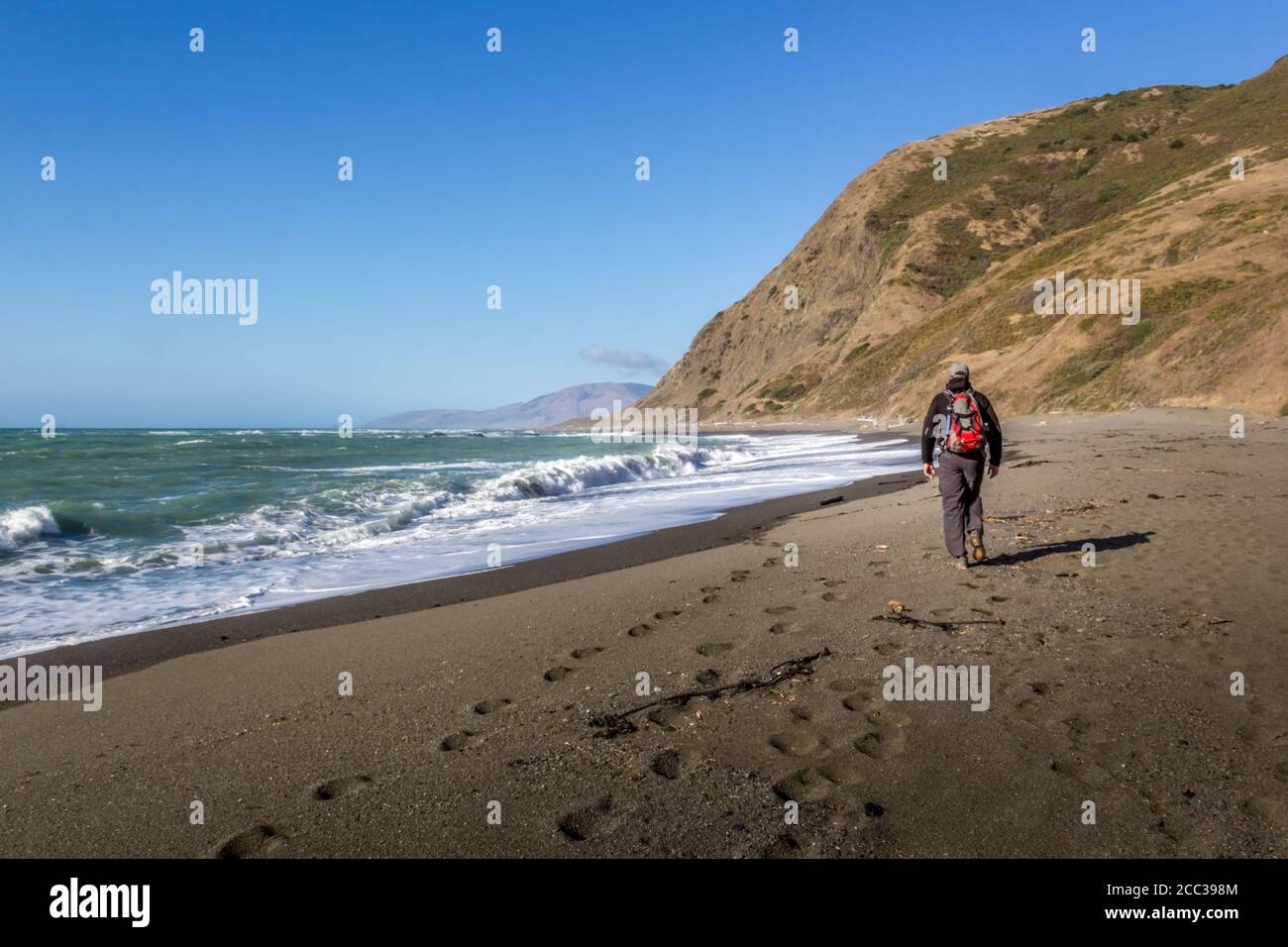 Homme randonnée sur la côte perdue le long de l'océan Pacifique, Californie Banque D'Images