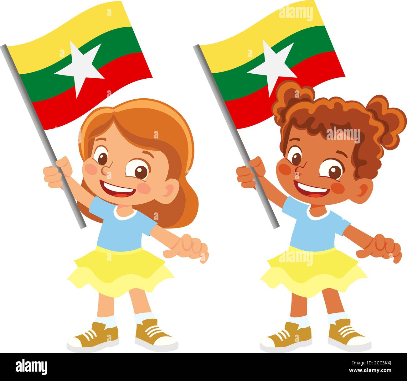 Drapeau du Myanmar en main. Drapeau de retenue des enfants. Drapeau national du Myanmar vecteur Illustration de Vecteur