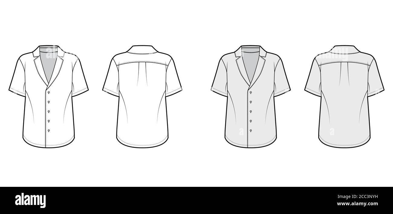 Chemise de pyjama technique avec coupe ample, col cranté pointu, boutons sur le devant, manches courtes. Modèle de vêtement plat à l'avant du dos blanc de couleur grise. Femmes hommes unisexe haut Illustration de Vecteur