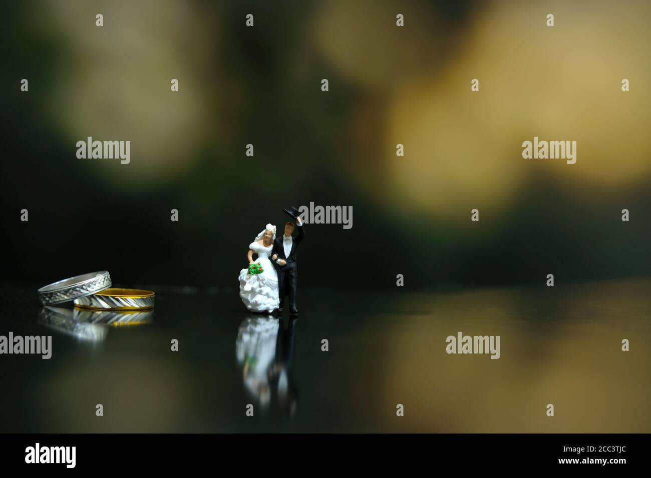 Concept de mariage miniature - mariée et marié marchant sur un sol brillant avec anneau de raccord Banque D'Images Concept de mariage miniature - mariée et marié marchant sur un sol brillant avec anneau de raccord Banque D'Images