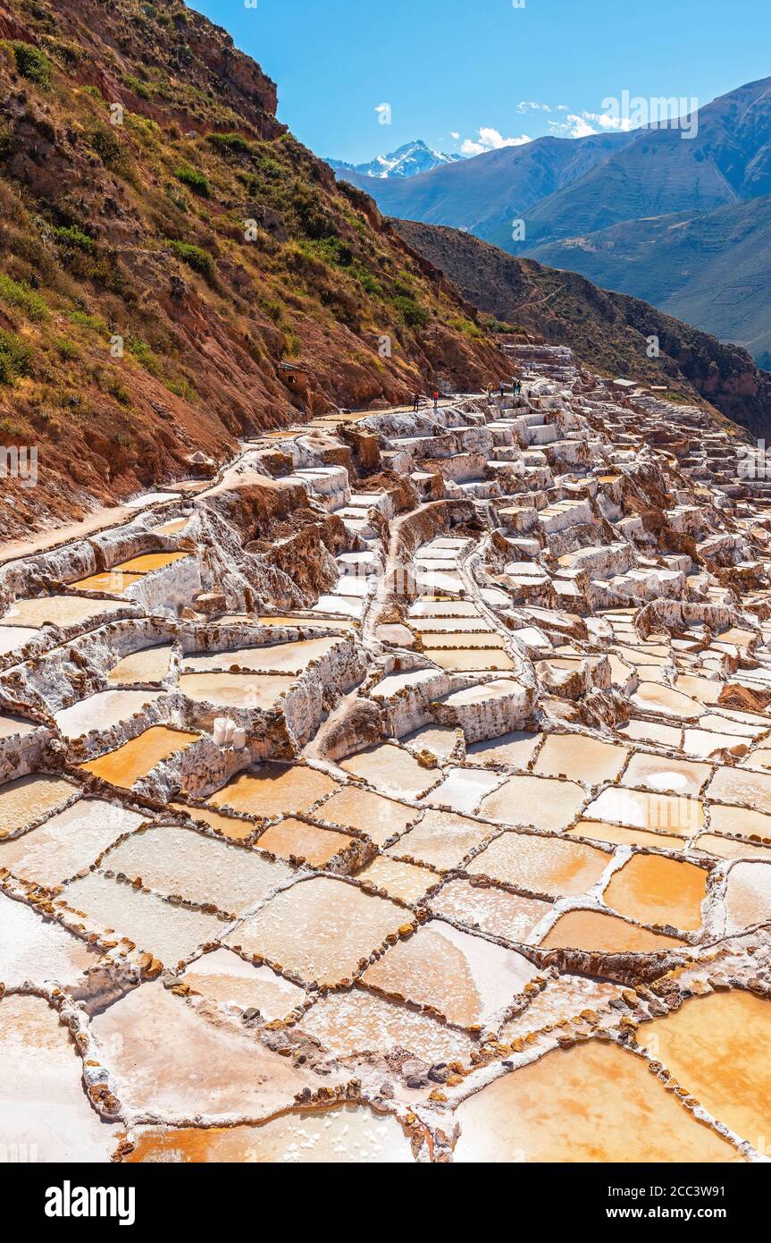 Paysage vertical des terrasses de sel de Maras, Cusco, Pérou. Banque D'Images