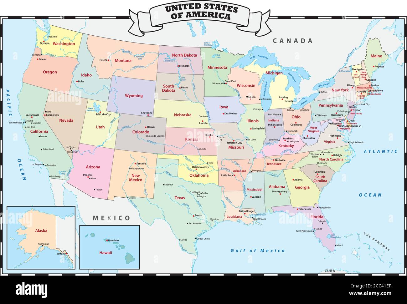 Carte vectorielle administrative et politique colorée des États-Unis Illustration de Vecteur