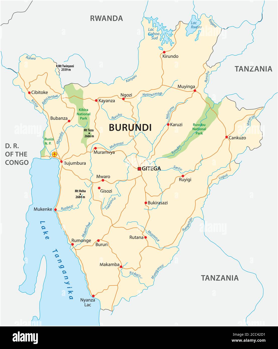 Carte routière vectorielle du Burundi avec la nouvelle capitale Gitega Illustration de Vecteur