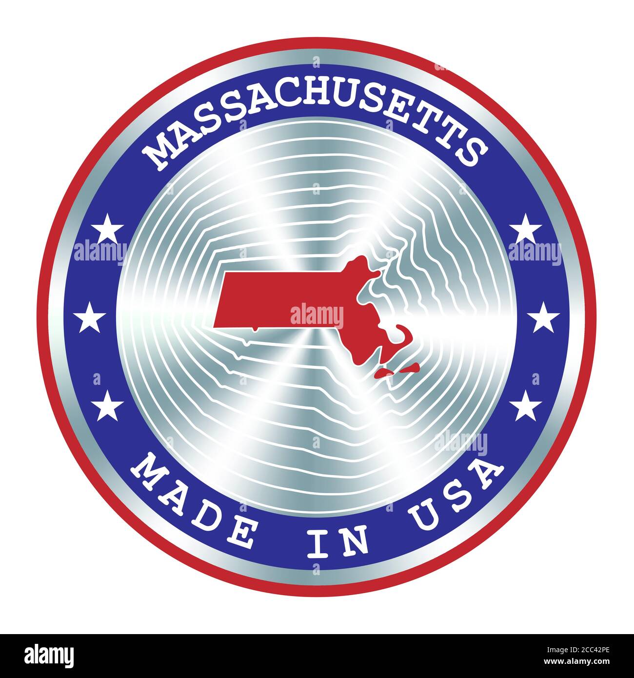 Fabriqué dans le Massachusetts signe de production local, autocollant, sceau, timbre. Enseigne hologramme ronde pour la conception d'étiquettes et le marketing national aux États-Unis Illustration de Vecteur