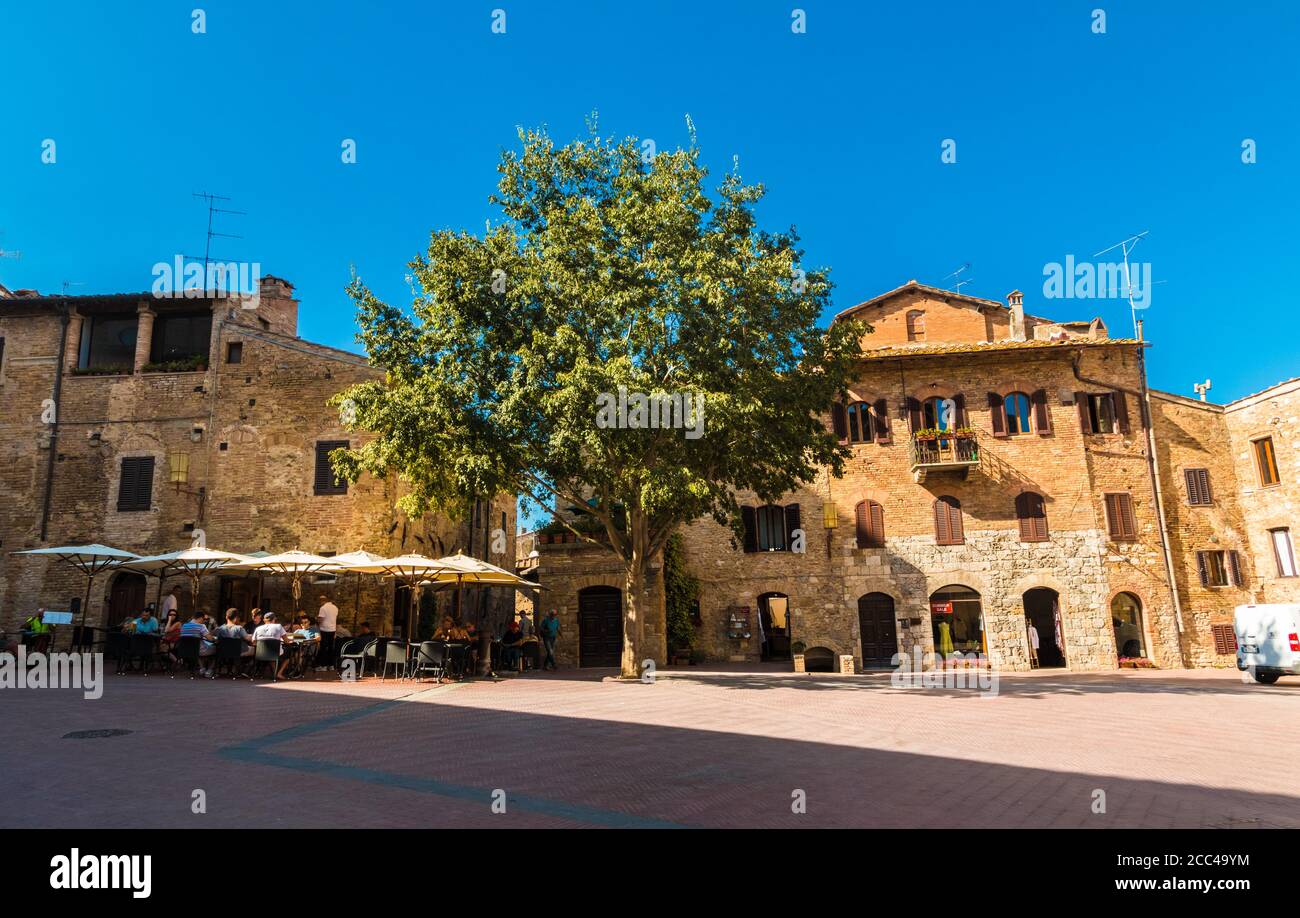Vue magnifique sur la Piazza delle Erbe à côté de la Collégiale de Santa Maria Assunta à San Gimignano. Un bel arbre est en pente... Banque D'Images