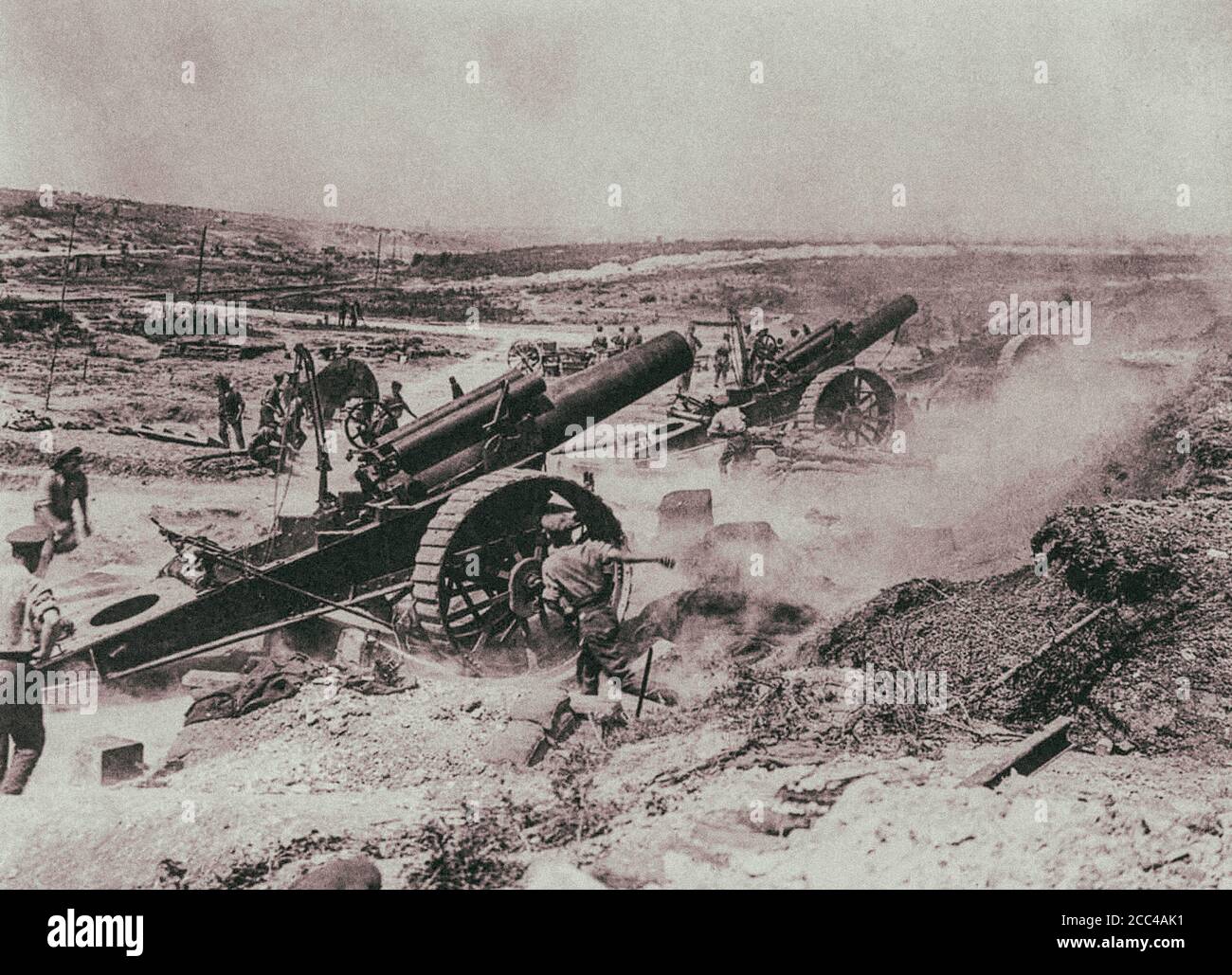 La guerre du ver I. l'artillerie de la 39e batterie de siège en action dans la vallée de Fricourt-Mametz. Août 1916. Banque D'Images