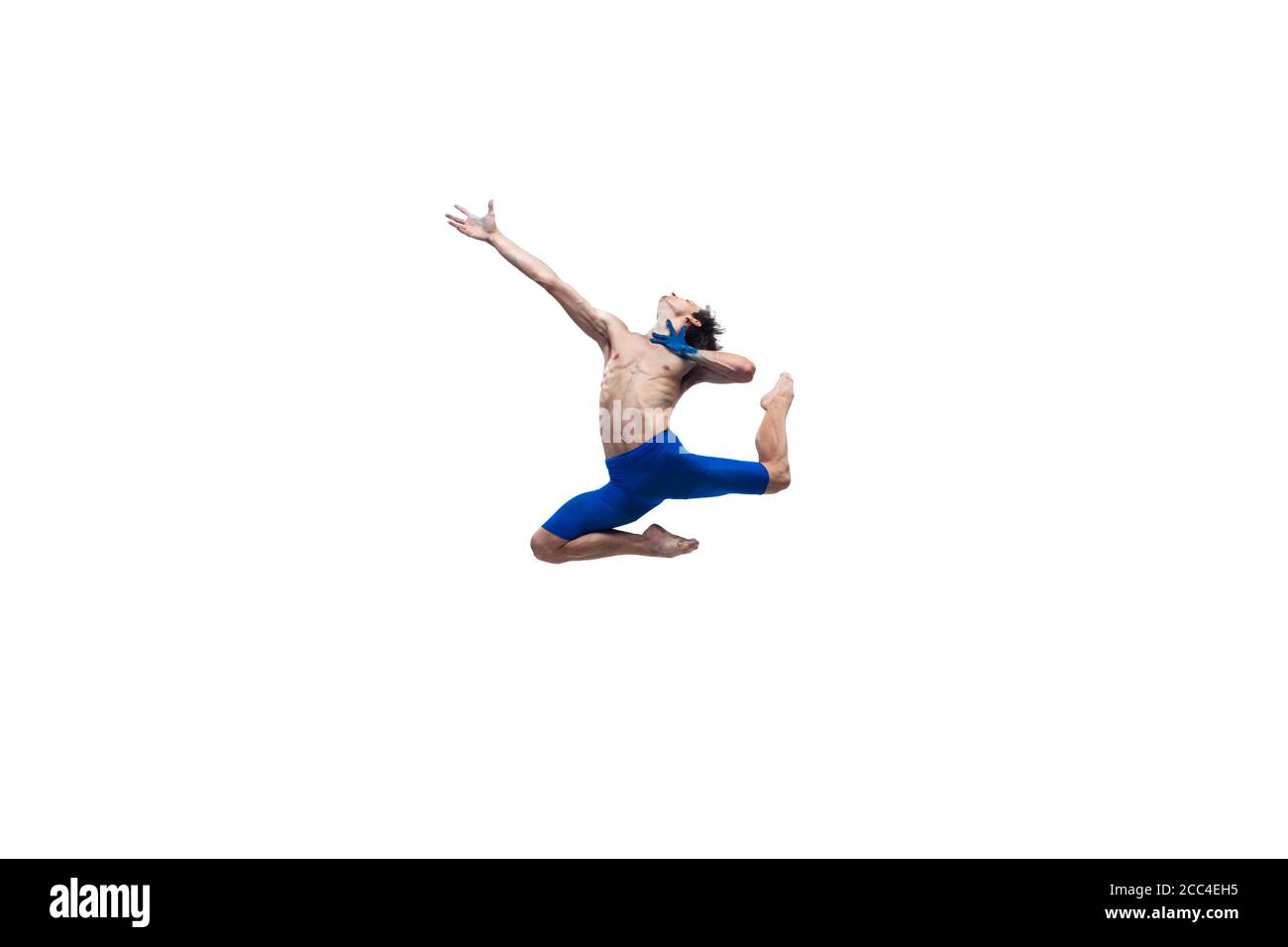 Donner de l'espoir. Danseuse de ballet moderne masculine, performance de contemplation artistique, combinaison bleue et blanche d'émotions. Flexibilité, grâce en mouvement, action sur fond blanc. Mode et beauté, concept d'art. Banque D'Images