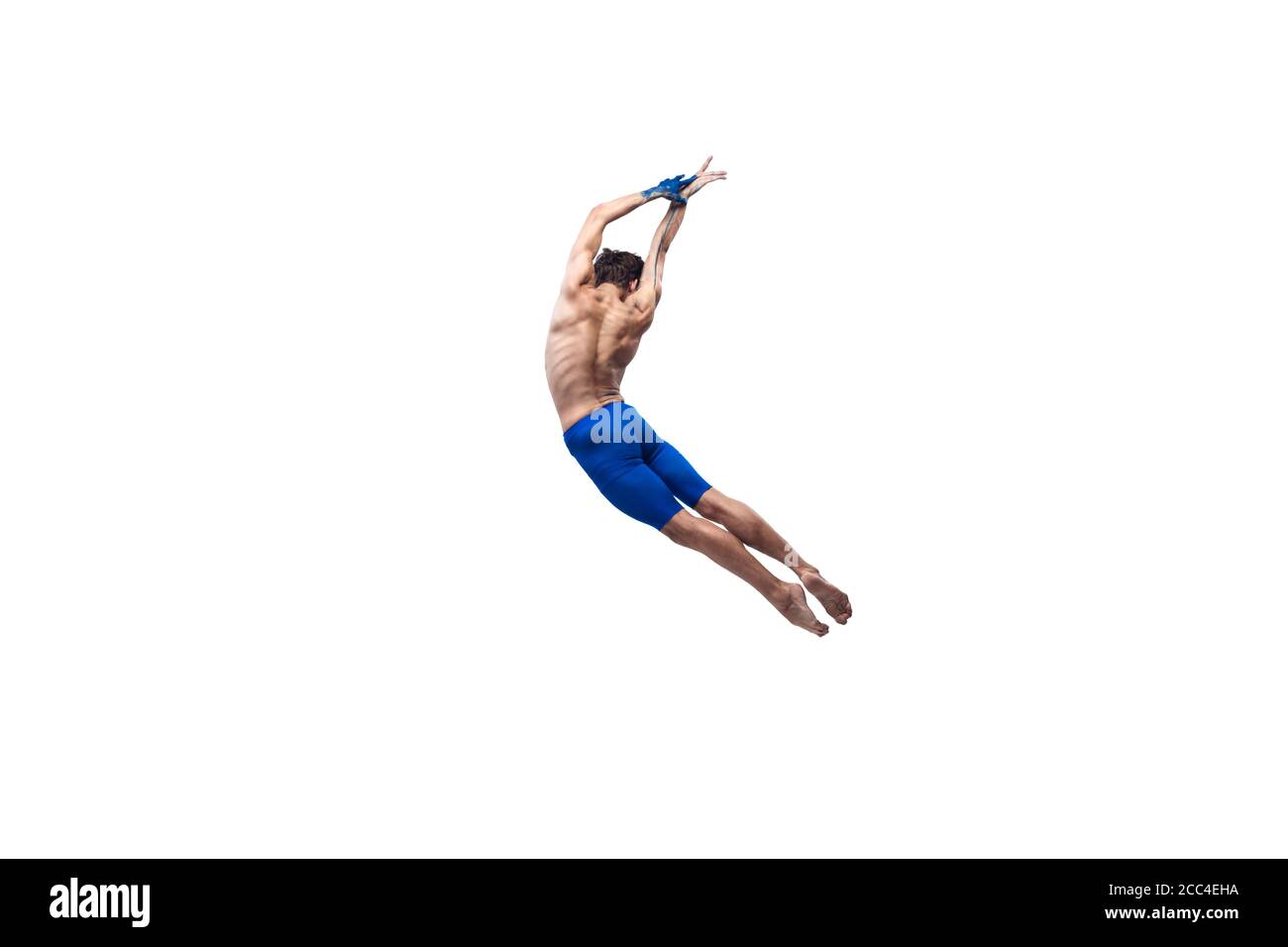 Contournements. Danseuse de ballet moderne masculine, performance de contemplation artistique, combinaison bleue et blanche d'émotions. Flexibilité, grâce en mouvement, action sur fond blanc. Mode et beauté, concept d'art. Banque D'Images