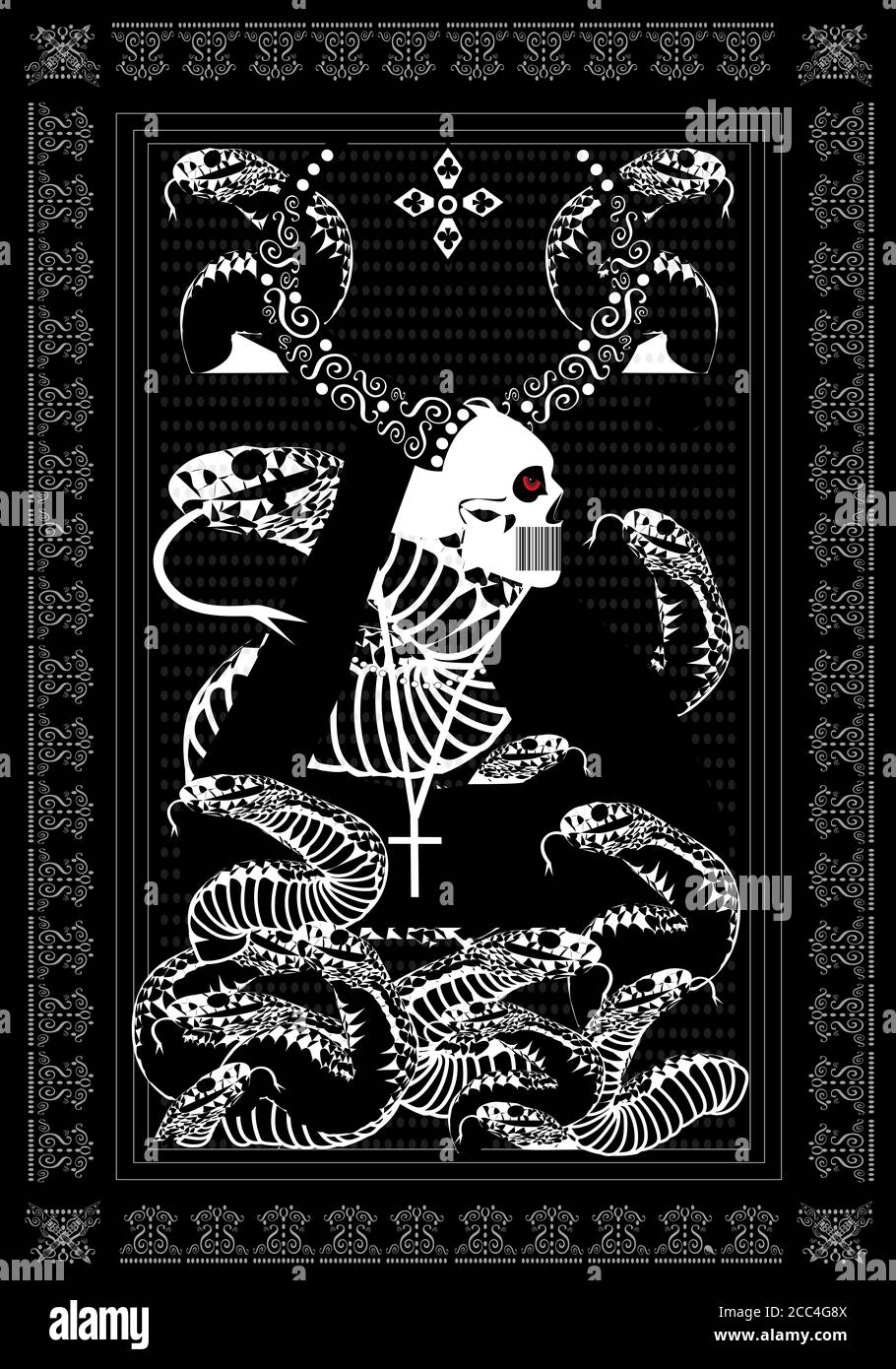 Carte de Tarot mort du crâne avec des cornes et des serpents, détails d'ornement Banque D'Images