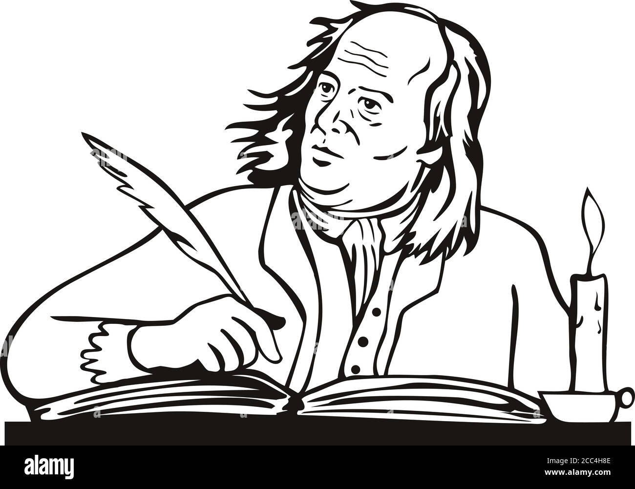 Illustration de style rétro de Benjamin Franklin, un polymath américain et l'un des Pères fondateurs des États-Unis, comme un écrivain écrivant avec qui Illustration de Vecteur