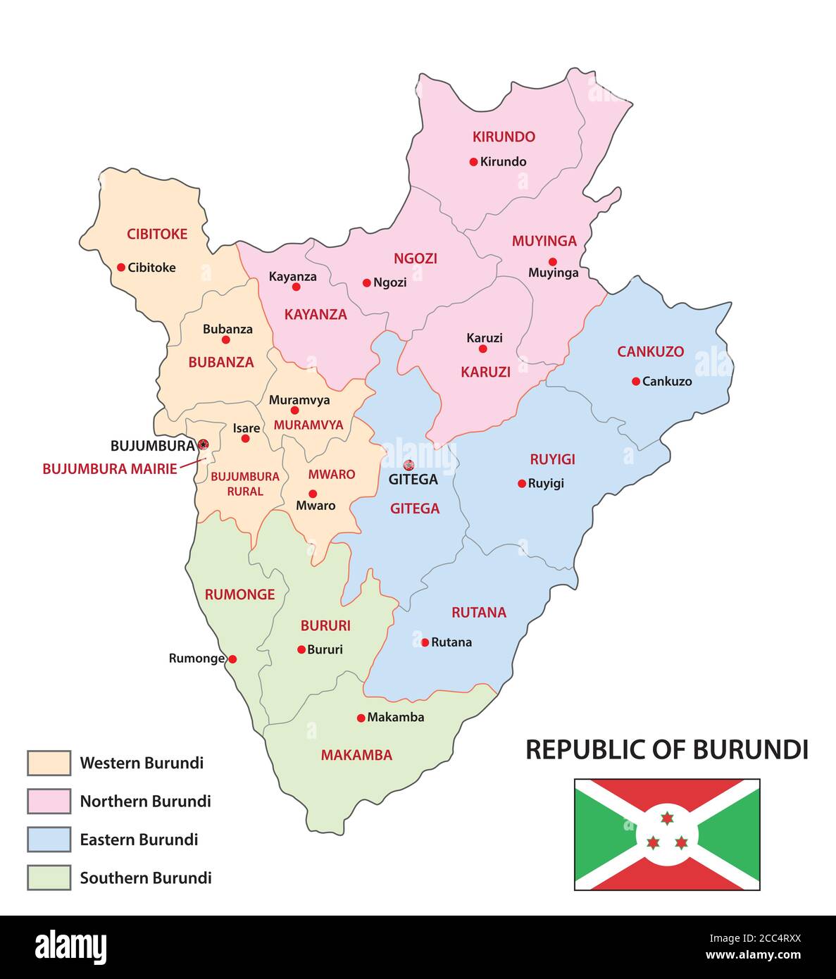 Nouvelle carte vectorielle administrative du Burundi avec drapeau Illustration de Vecteur
