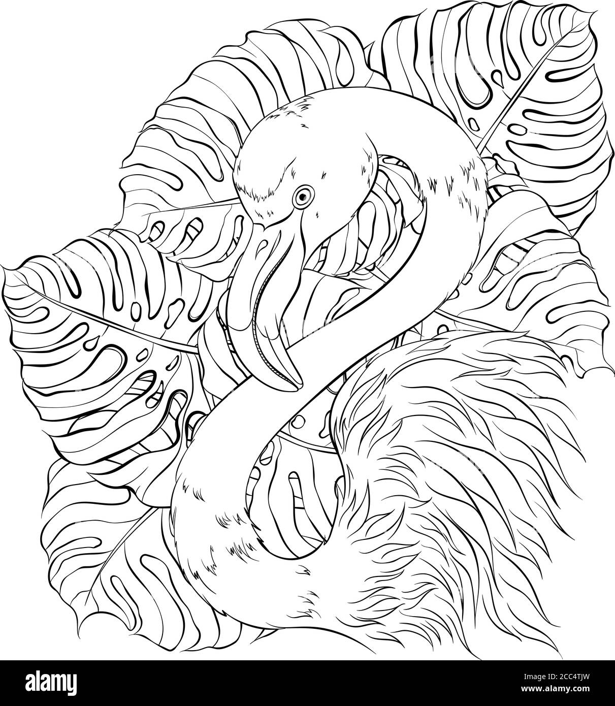 Illustration vectorielle dessinée à la main, feuilles de monstère et profil flamango isolés sur fond blanc. Design pour livre de coloriage, impression, carte. Vacances tropicales Illustration de Vecteur Illustration vectorielle dessinée à la main, feuilles de monstère et profil flamango isolés sur fond blanc. Design pour livre de coloriage, impression, carte. Vacances tropicales Illustration de Vecteur