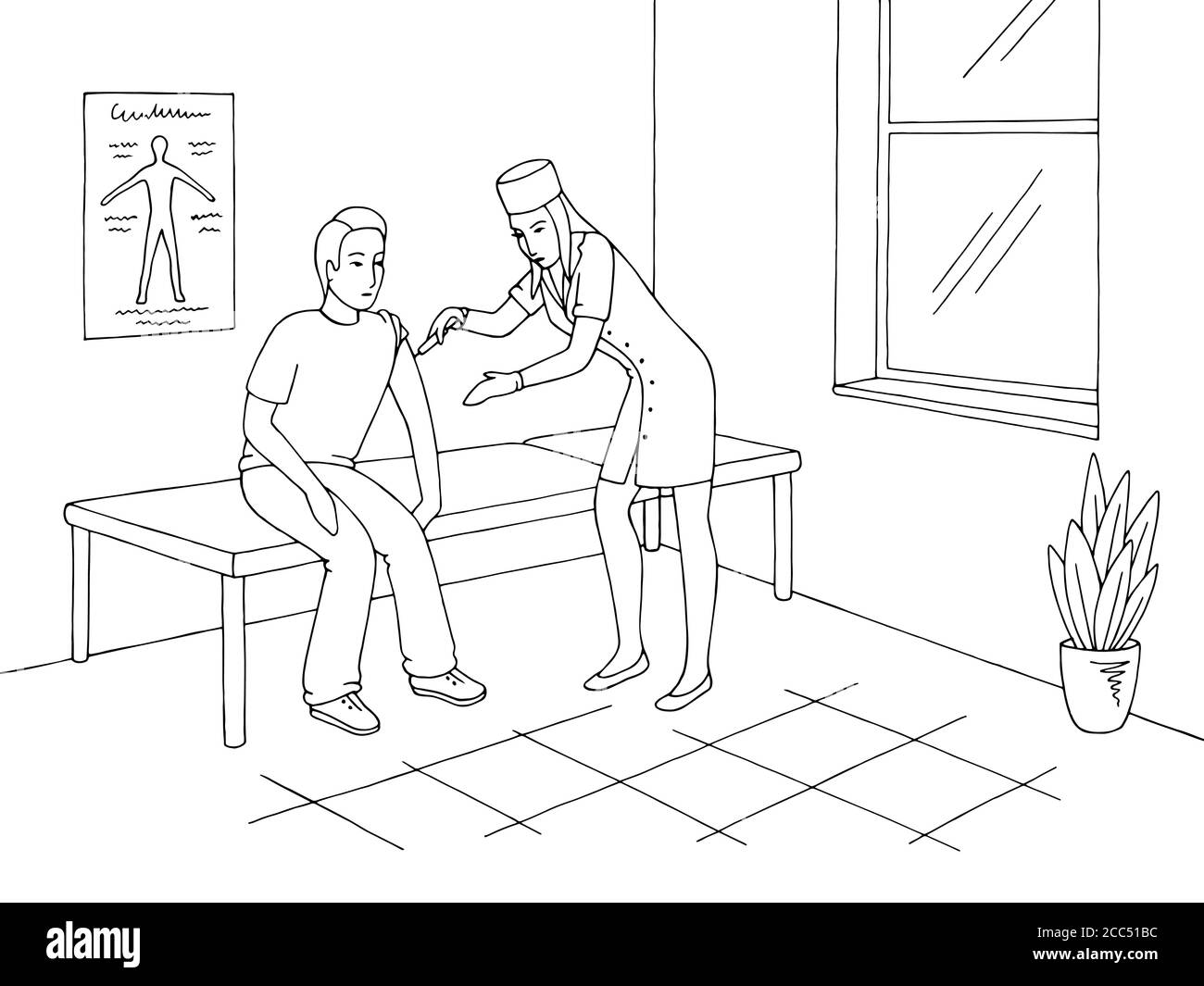 Infirmière vaccinant un garçon dans le bureau du médecin graphique noir blanc vecteur d'illustration de l'esquisse intérieure Illustration de Vecteur