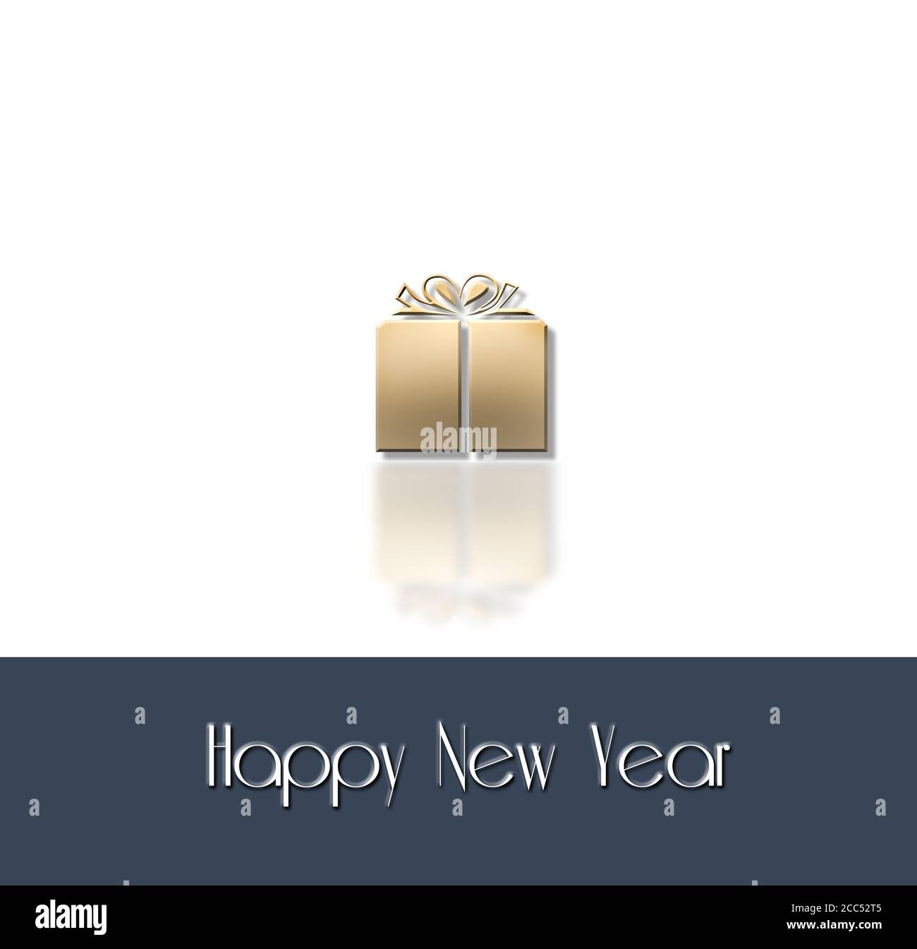 Texte de bonne année sur fond blanc avec boîte cadeau dorée avec réflexion. Illustration 3D Banque D'Images