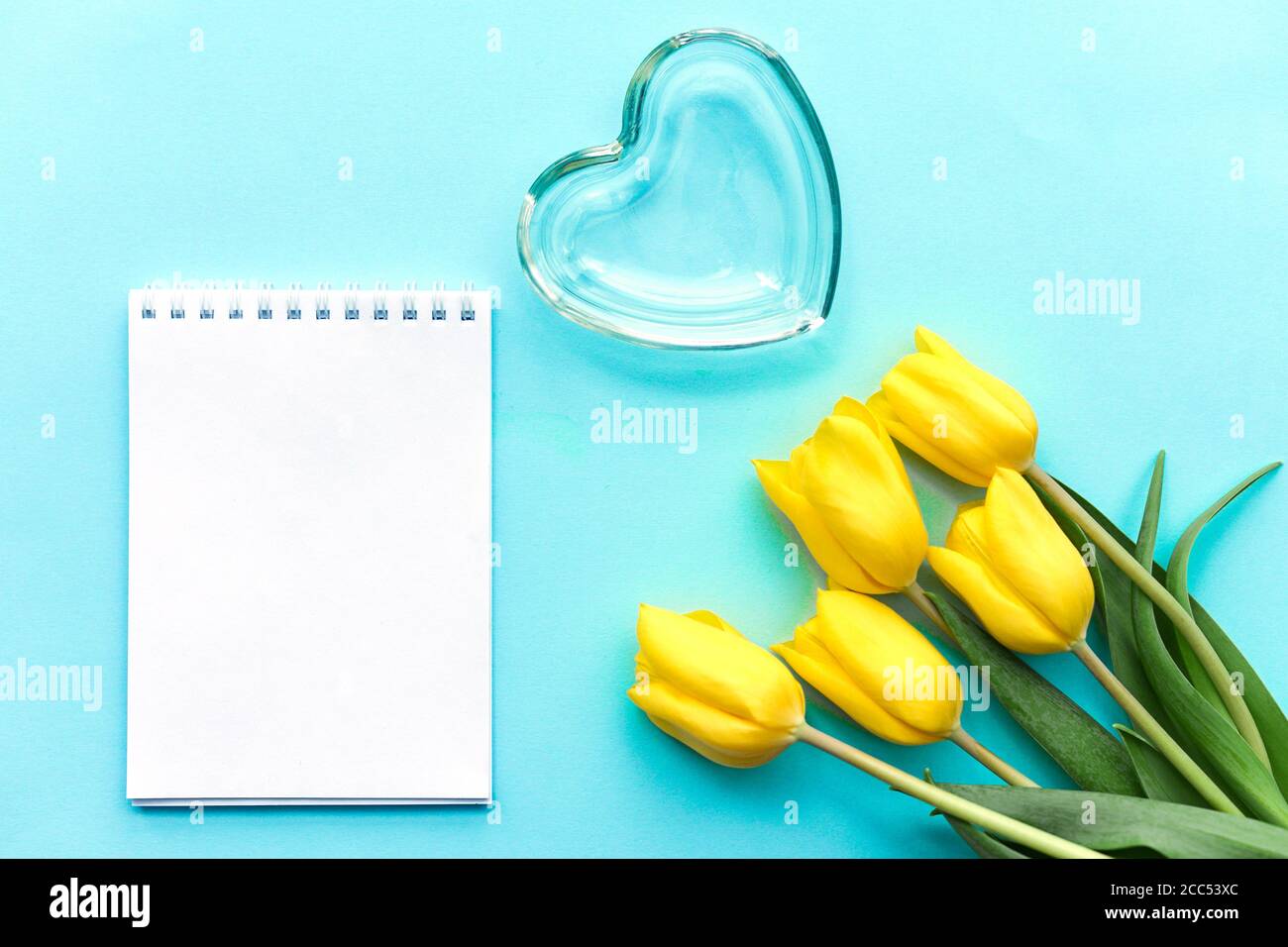 Coeur en verre et tulipes jaunes sur fond turquoise, fond d'amour fragile, concept de jour de Saint Valentin, Banque D'Images