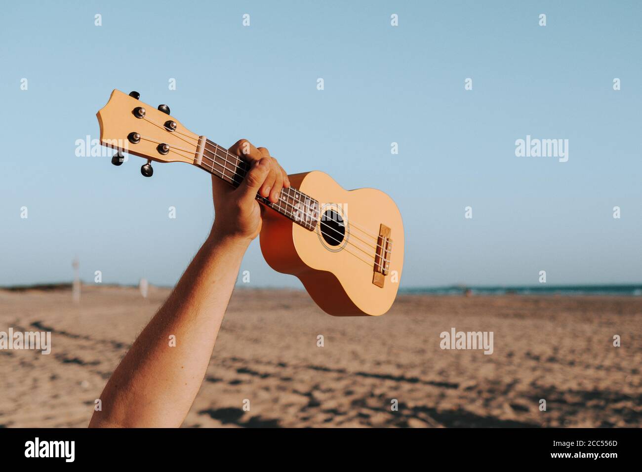 Gros plan d'une personne tenant un ukulele à une plage sous la lumière du  soleil avec un arrière-plan flou Photo Stock - Alamy