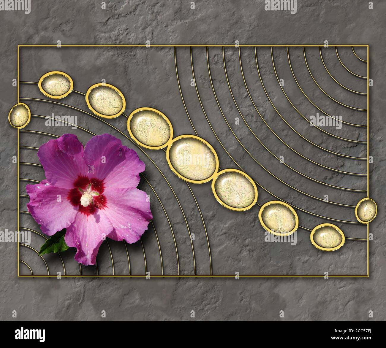 Modèle d'arrière-plan texturé de rendu 3D avec belle décoration de fleur et élément créatif métallique Banque D'Images