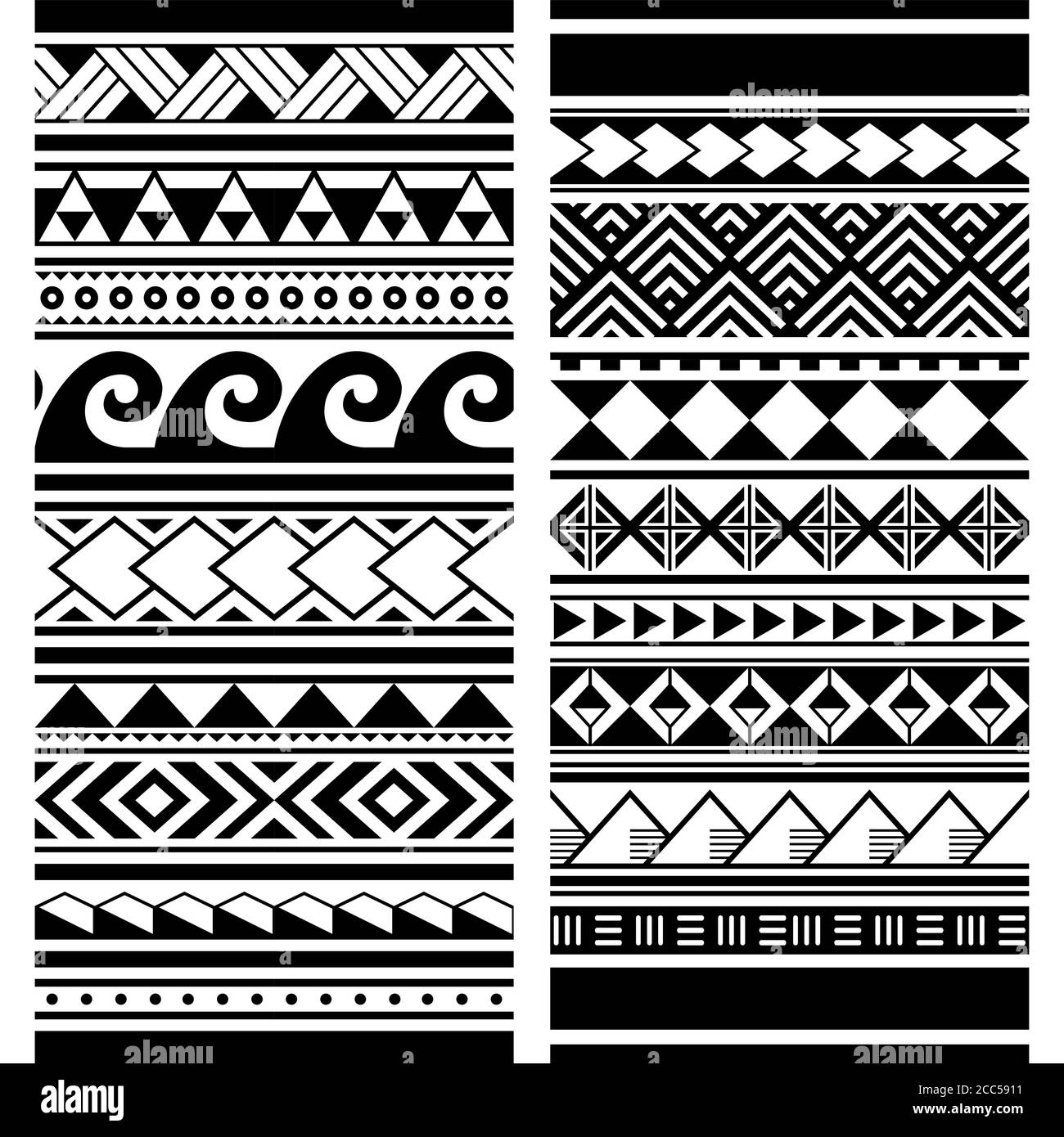 Ensemble de deux motifs polynésiens maoris sans couture, motif géométrique monochrome tribal hawaïen Illustration de Vecteur