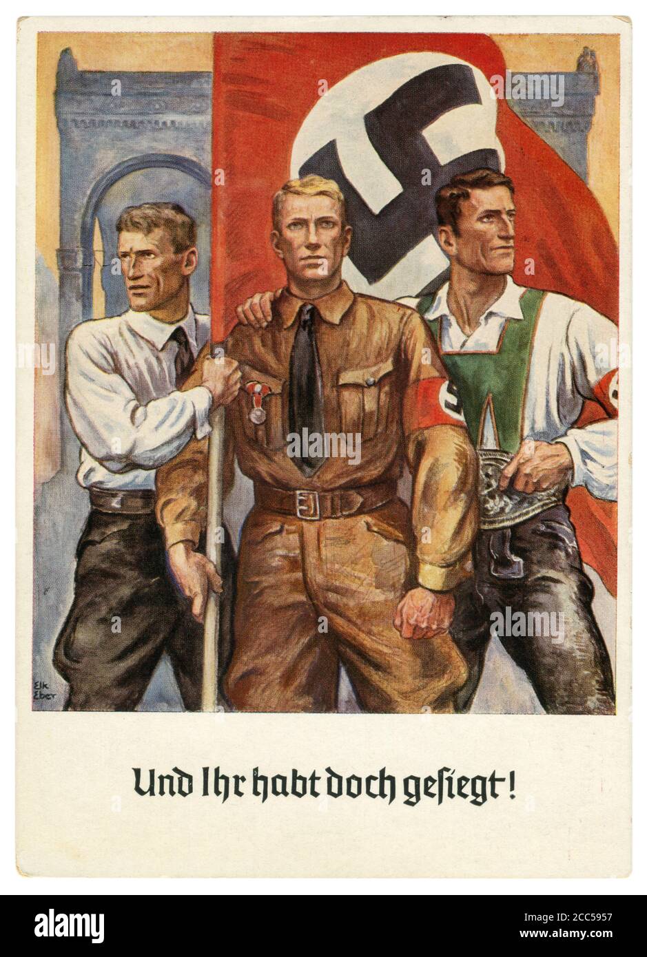 Carte postale historique allemande : 15e anniversaire du putsch de la Beer Hall, résident du Sudetenland, sa Fighter et autrichien avec un drapeau, 1938 Banque D'Images