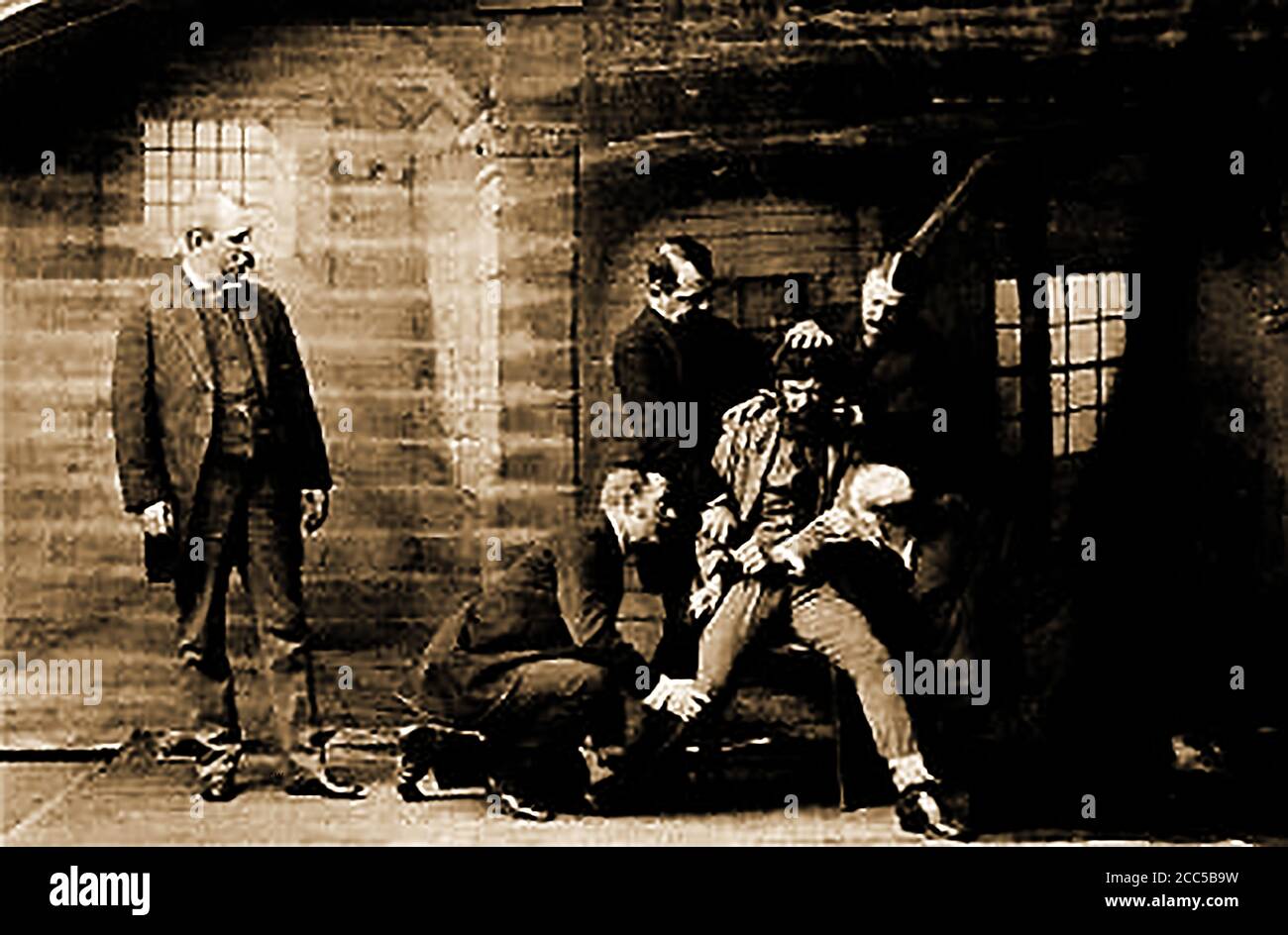 Etats-Unis d'Amérique - crime & châtiment - obligeant un criminel américain réticent à faire prendre sa photo en utilisant la technique du « modèle de l'inspecteur » en 1884. Le régulateur veille. Banque D'Images