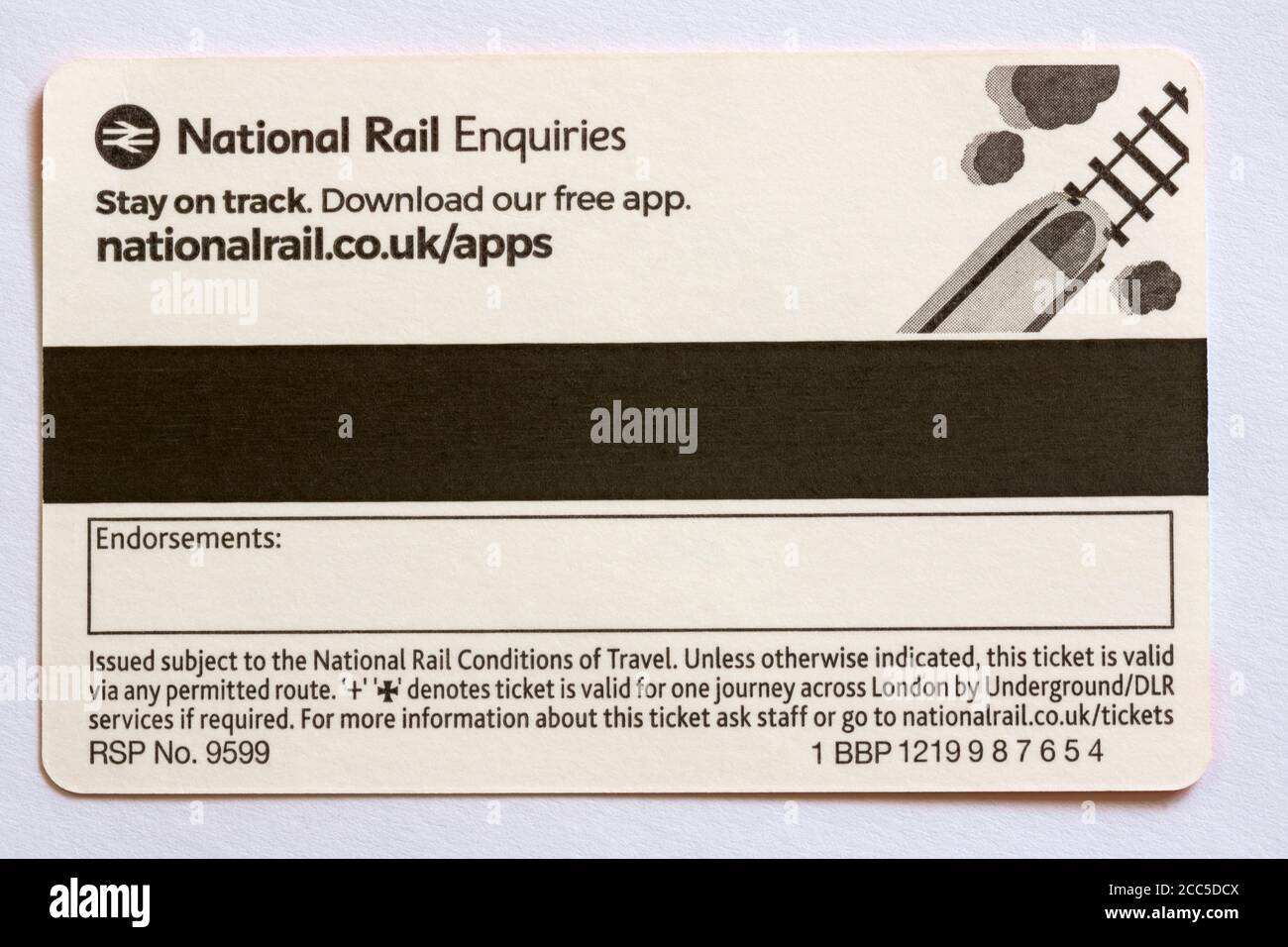 National Rail demandes Restez sur la bonne voie Téléchargez notre application gratuite - détail au dos du billet de train Banque D'Images