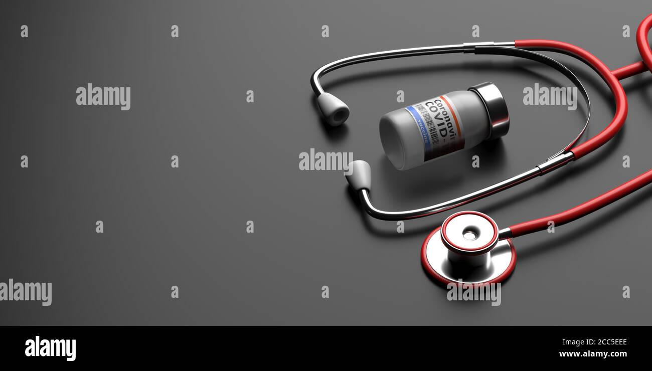 Vaccin contre le coronavirus et stéthoscope médical sur fond gris noir. Vaccination Covid 19, prévention des épidémies de grippe, concept d'immunisation, soins de santé Banque D'Images