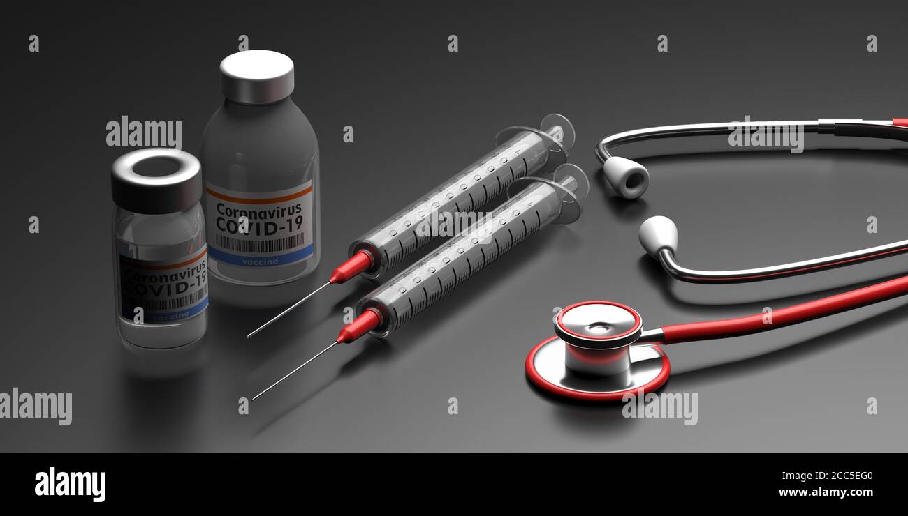 Flacons de vaccin contre le coronavirus, seringues et stéthoscope médical sur fond gris noir. Vaccination Covid 19, prévention des épidémies de grippe, conc Banque D'Images