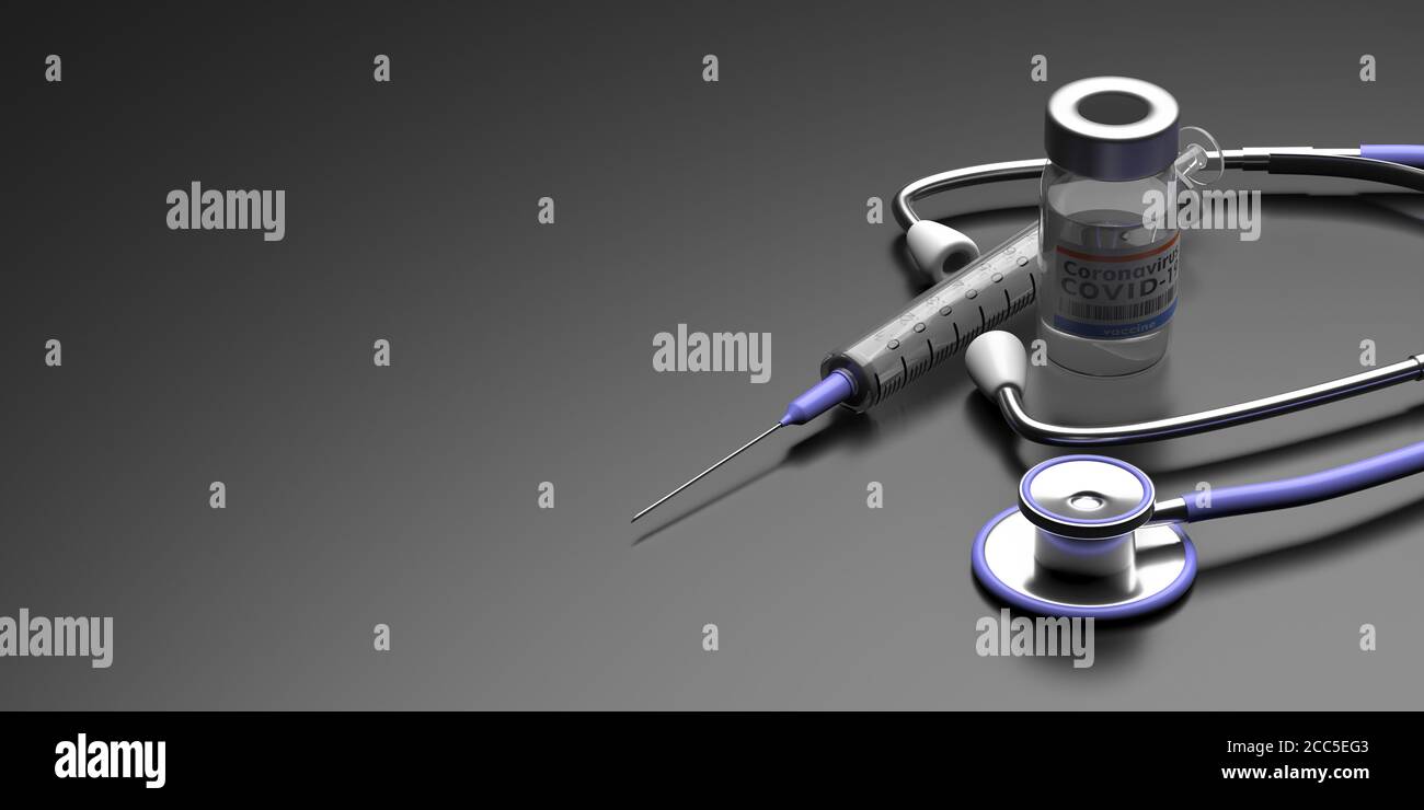 Flacons de vaccin contre le coronavirus, seringues et stéthoscope médical sur fond gris noir. Vaccination Covid 19, prévention des épidémies de grippe, conc Banque D'Images