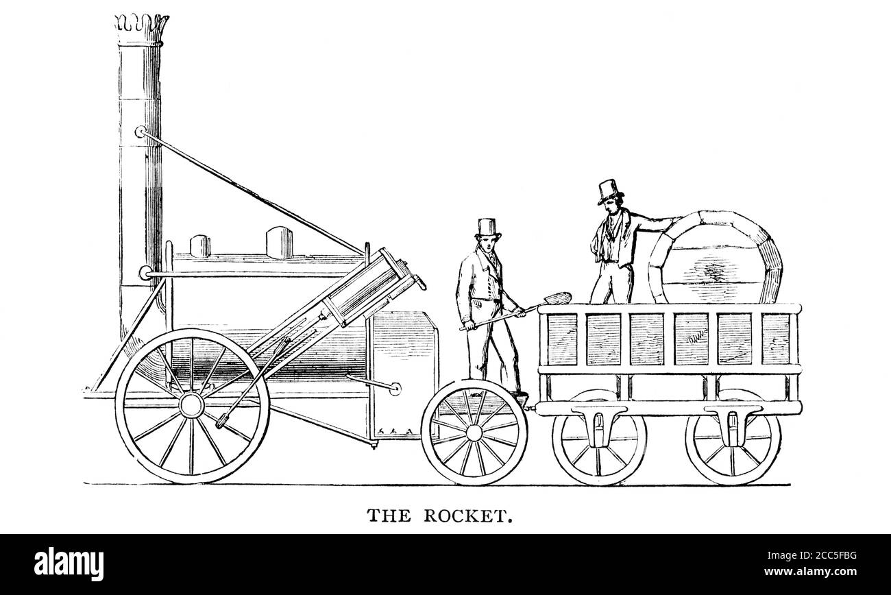 Une illustration gravée de la vapeur Rocket de George Stephenson Train à partir d'un livre victorien daté de 1883 qui est non plus longtemps dans le stock de copyright Banque D'Images