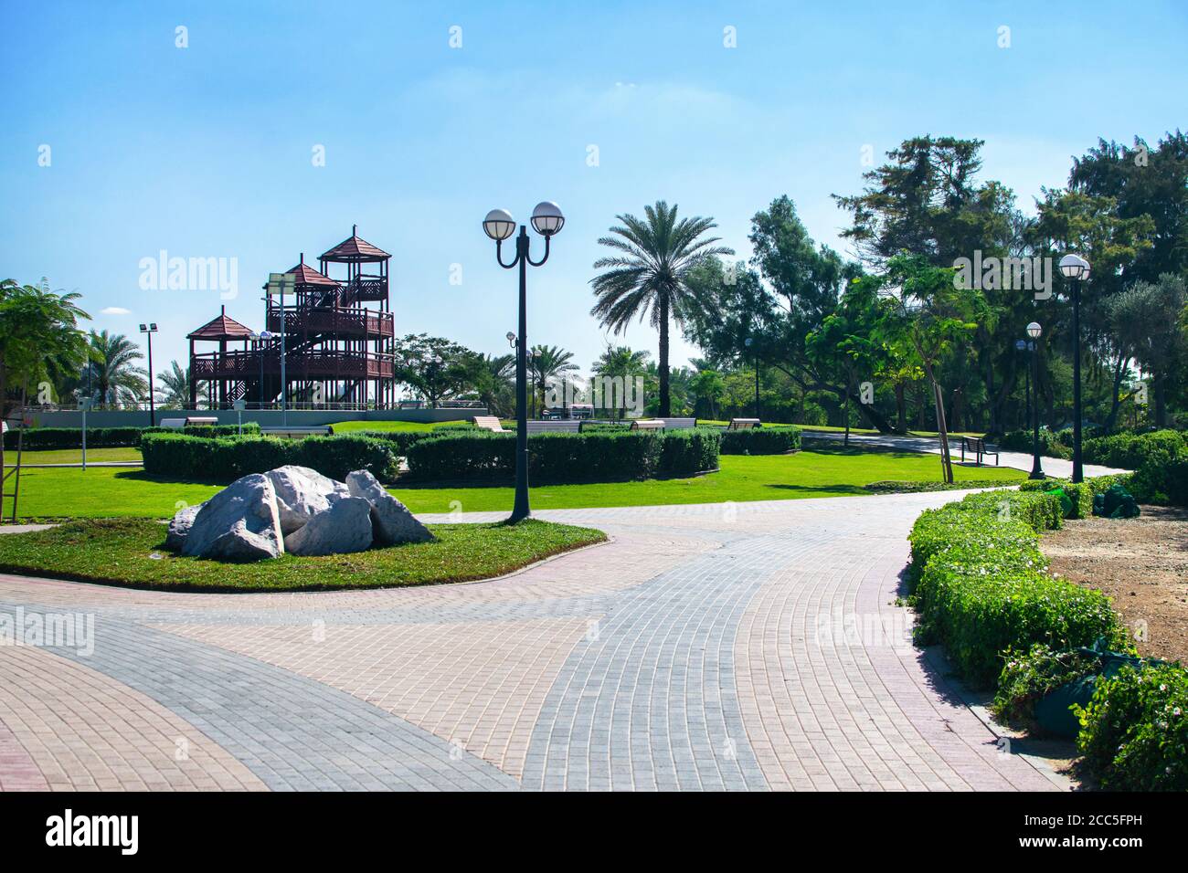 Dubaï, Émirats arabes Unis 16 janvier 2020 : magnifique vue sur Al Mamzar Beach Dubaï, parc de loisirs. Banque D'Images