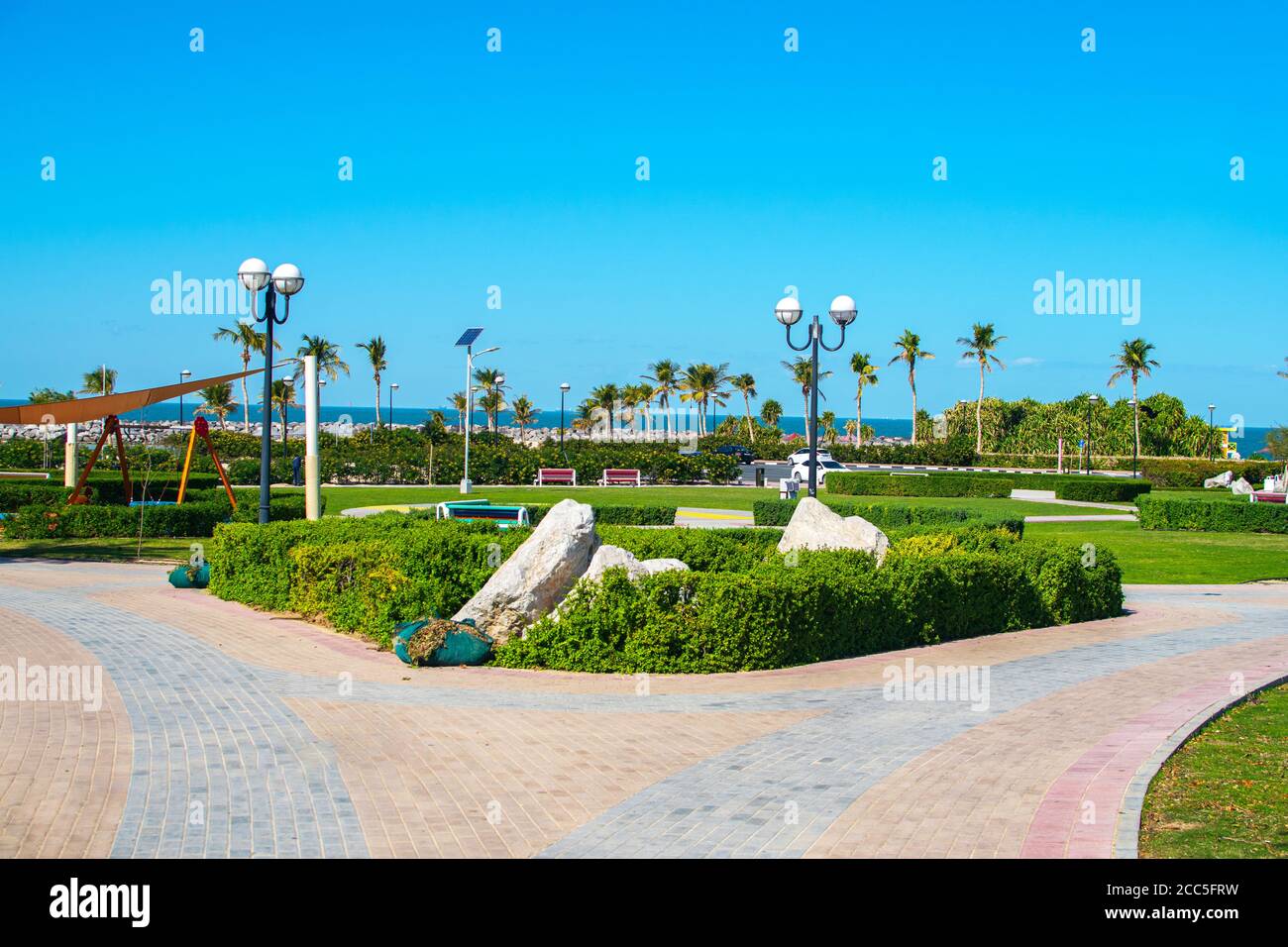 Dubaï, Émirats arabes Unis 16 janvier 2020 : magnifique vue sur Al Mamzar Beach Dubaï, parc de loisirs. Banque D'Images