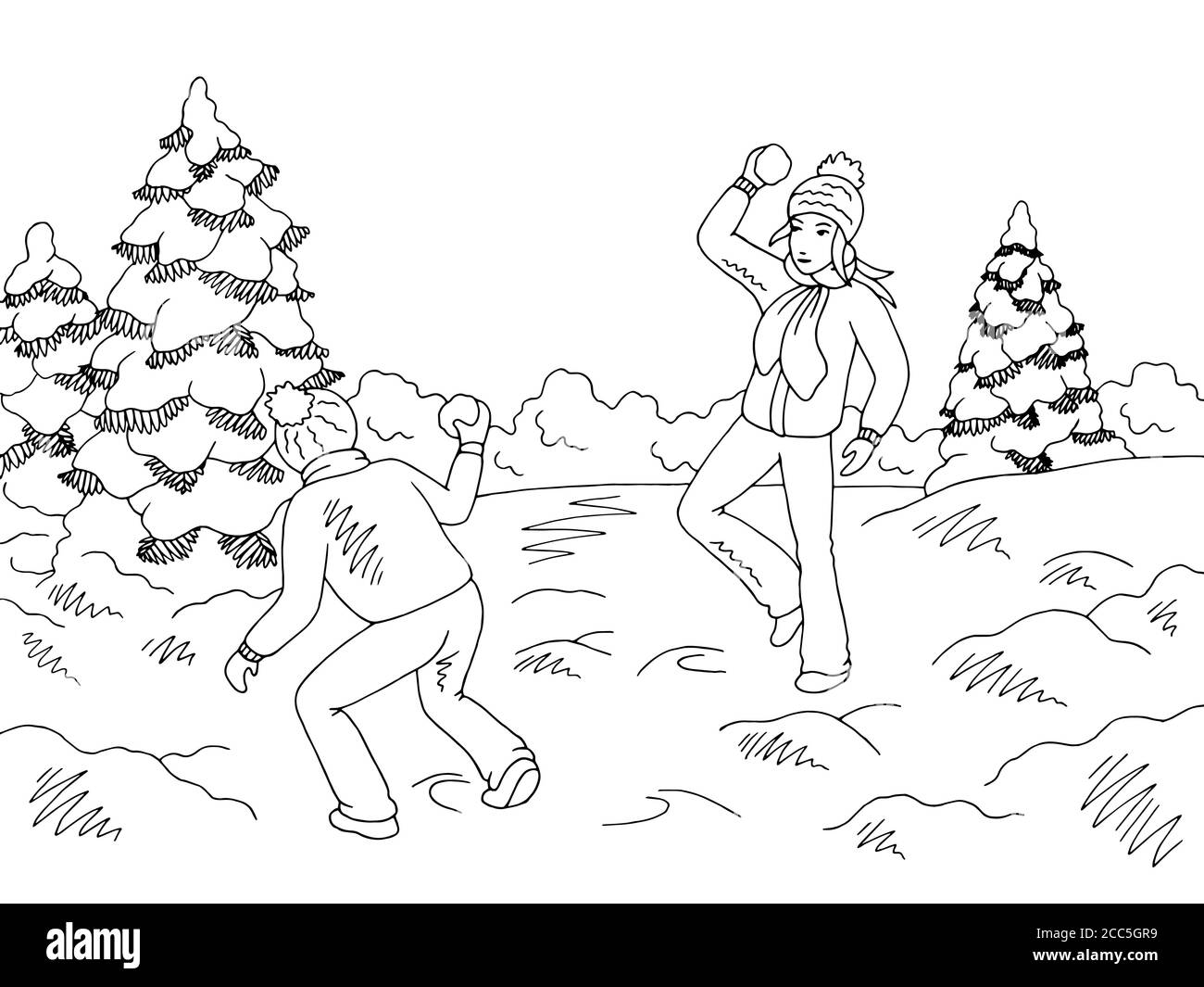 Enfants jouant des boules de neige dans le graphique du parc d'hiver noir blanc esquisser le vecteur d'illustration paysage Illustration de Vecteur
