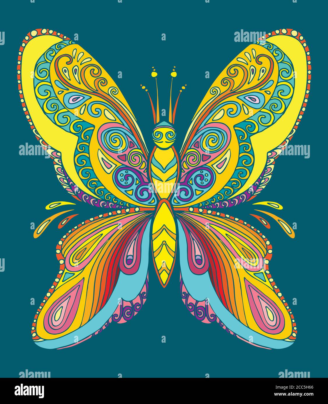 Livre de coloriage de papillon pour adultes illustration vectorielle isolée sur turquoise. Coloration anti-stress. Style enchevêtrement. Pour adultes, t-shirt, motif, Illustration de Vecteur