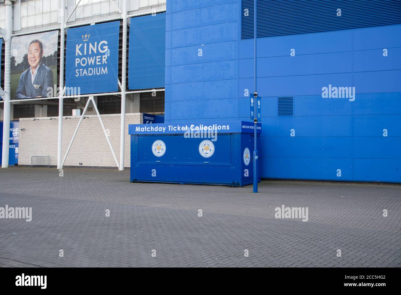 Stand vide fermé de collecte de billets au club de football de Leicester City, stade King Power Banque D'Images