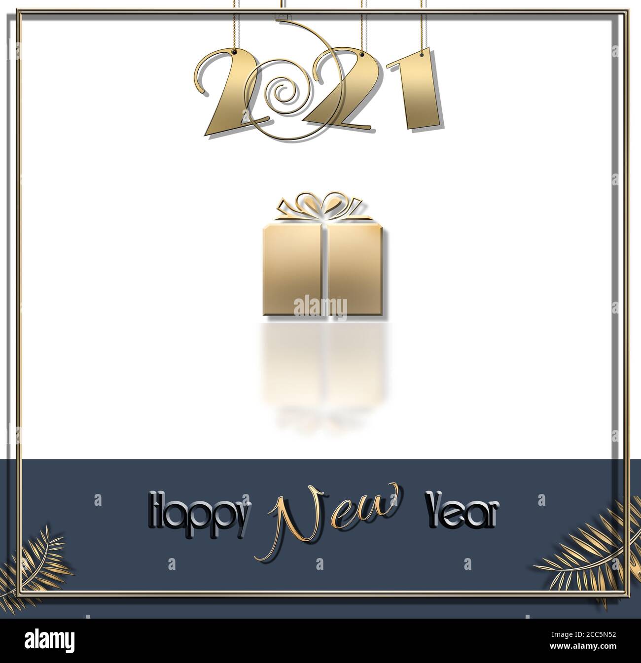 Luxueux, minimaliste, design « Happy New » 2021 ans avec boîte cadeau dorée à 2021 chiffres, brillante et réflexion sur fond bleu blanc. Texte Bonne Année. Espace de copie, carte de vœux. Illustration 3D Banque D'Images