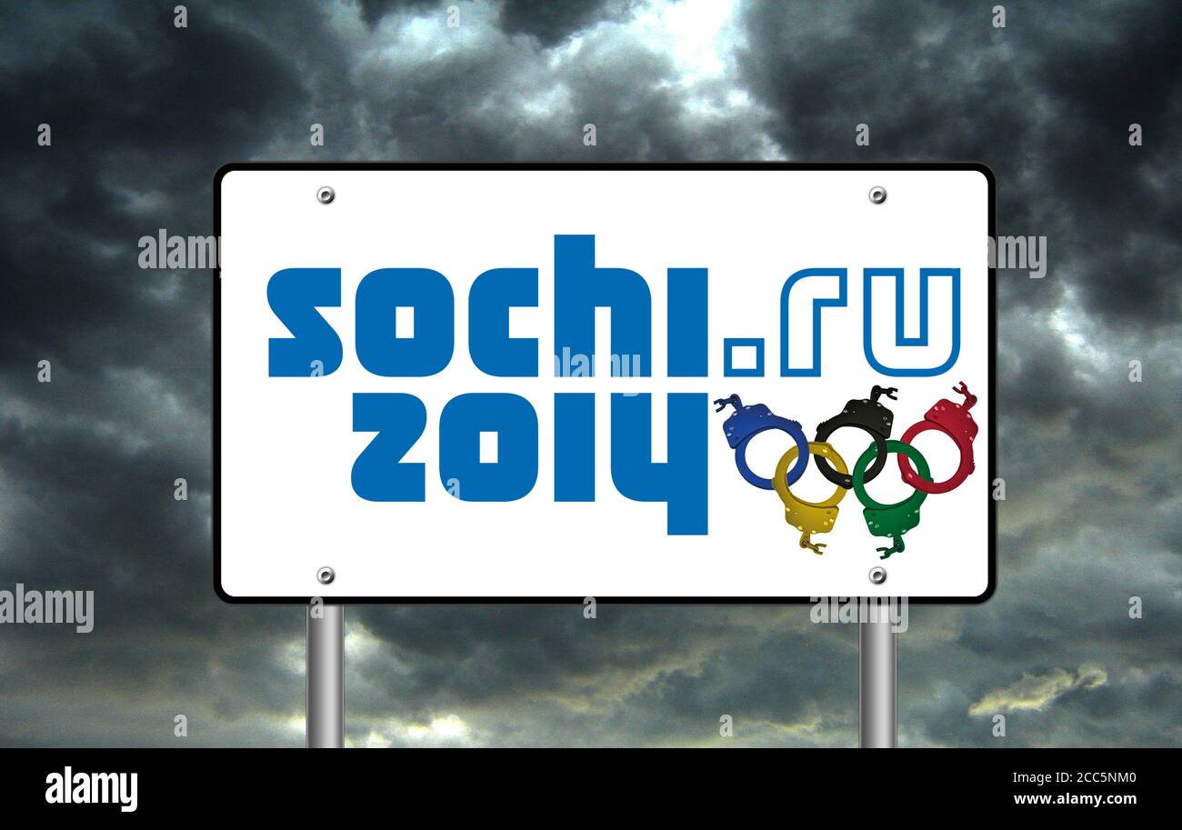 Logo signe avec l'icône de Sotchi aux Jeux Olympiques d'hiver de 2014 handcluffs la Russie Banque D'Images