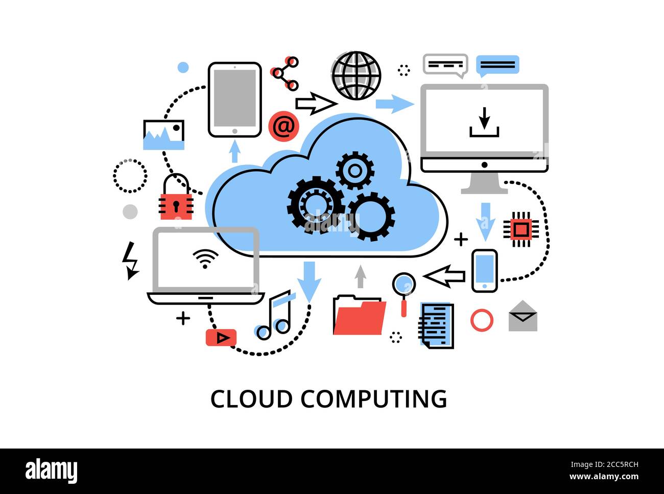 Illustration moderne de la conception de lignes fines plates, concept de technologies de cloud computing, protection des réseaux informatiques et stockage de données à distance, pour le merde Illustration de Vecteur Illustration moderne de la conception de lignes fines plates, concept de technologies de cloud computing, protection des réseaux informatiques et stockage de données à distance, pour le merde Illustration de Vecteur