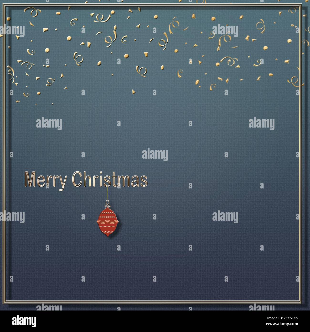 Carte de Noël minimaliste avec confettis d'or et texte Joyeux Noël avec boule de suspension rouge sur fond bleu. Copier l'espace. Illustration 3D Banque D'Images