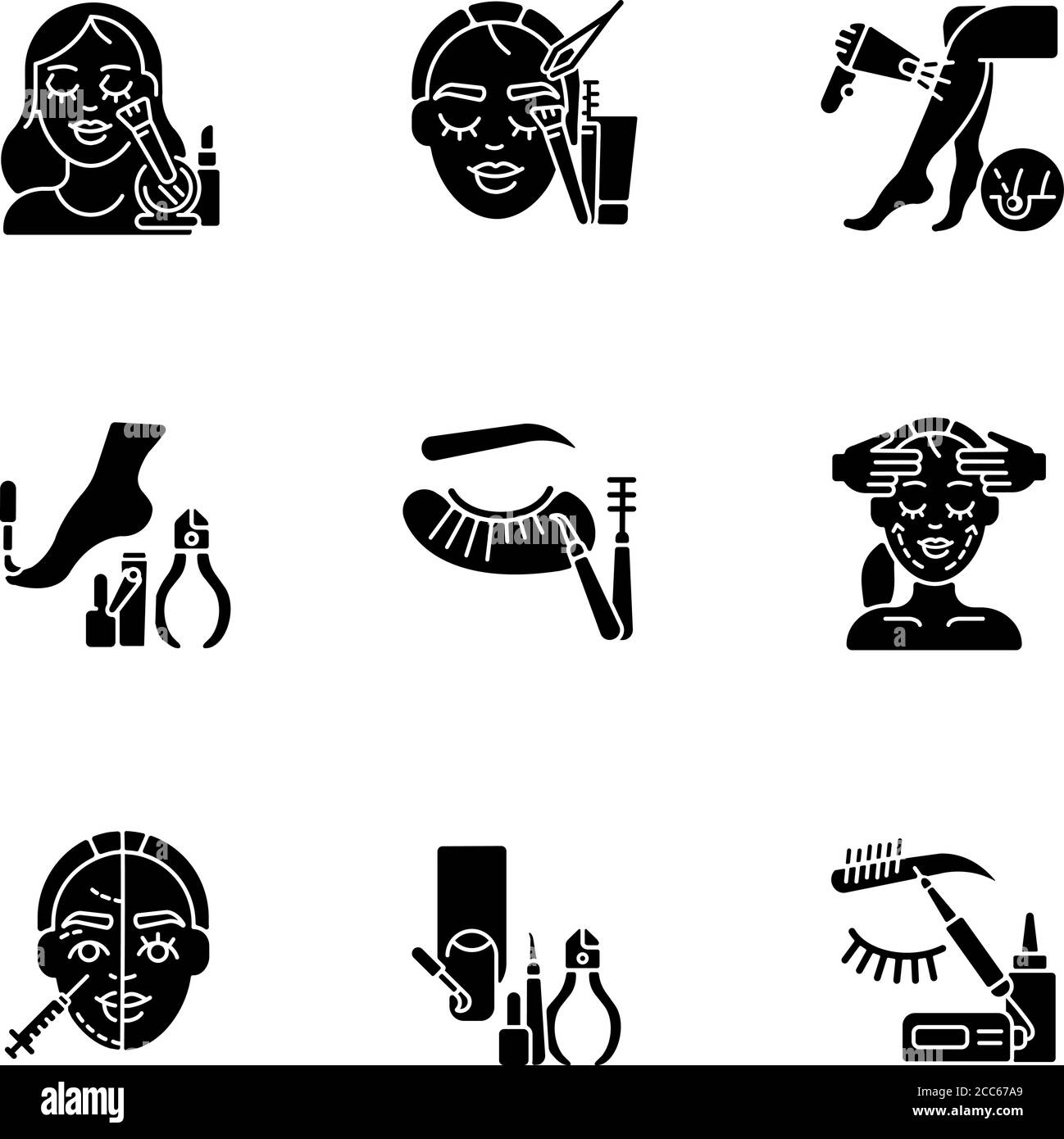 Salon de beauté noir glyphe icônes sur l'espace blanc Illustration de Vecteur