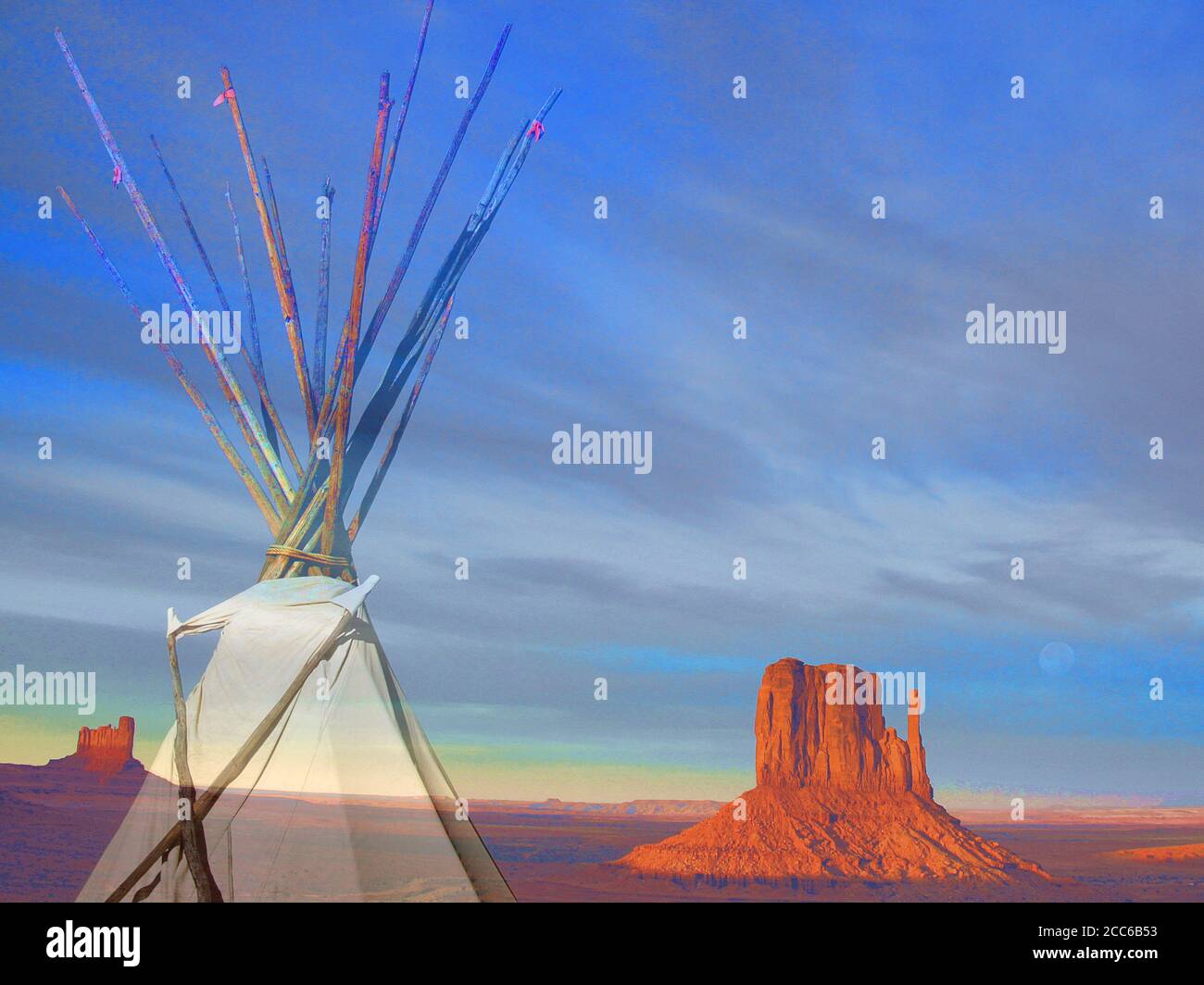 Double exposition de tipi et paysage de Monument Valley, Arizona Banque D'Images